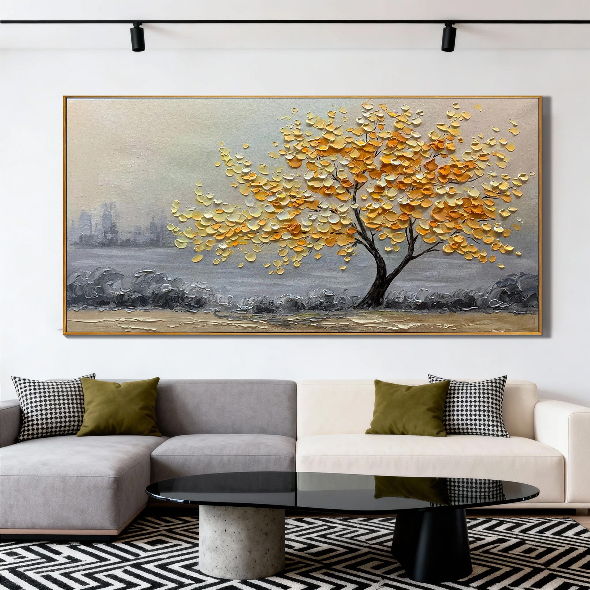 Golden Harvest – 3D Heavy Texture Yellow Flower Hand-Painted Landscape Oil Tree Painting | Modern Luxury Botanical Bedroom & Living Room Art