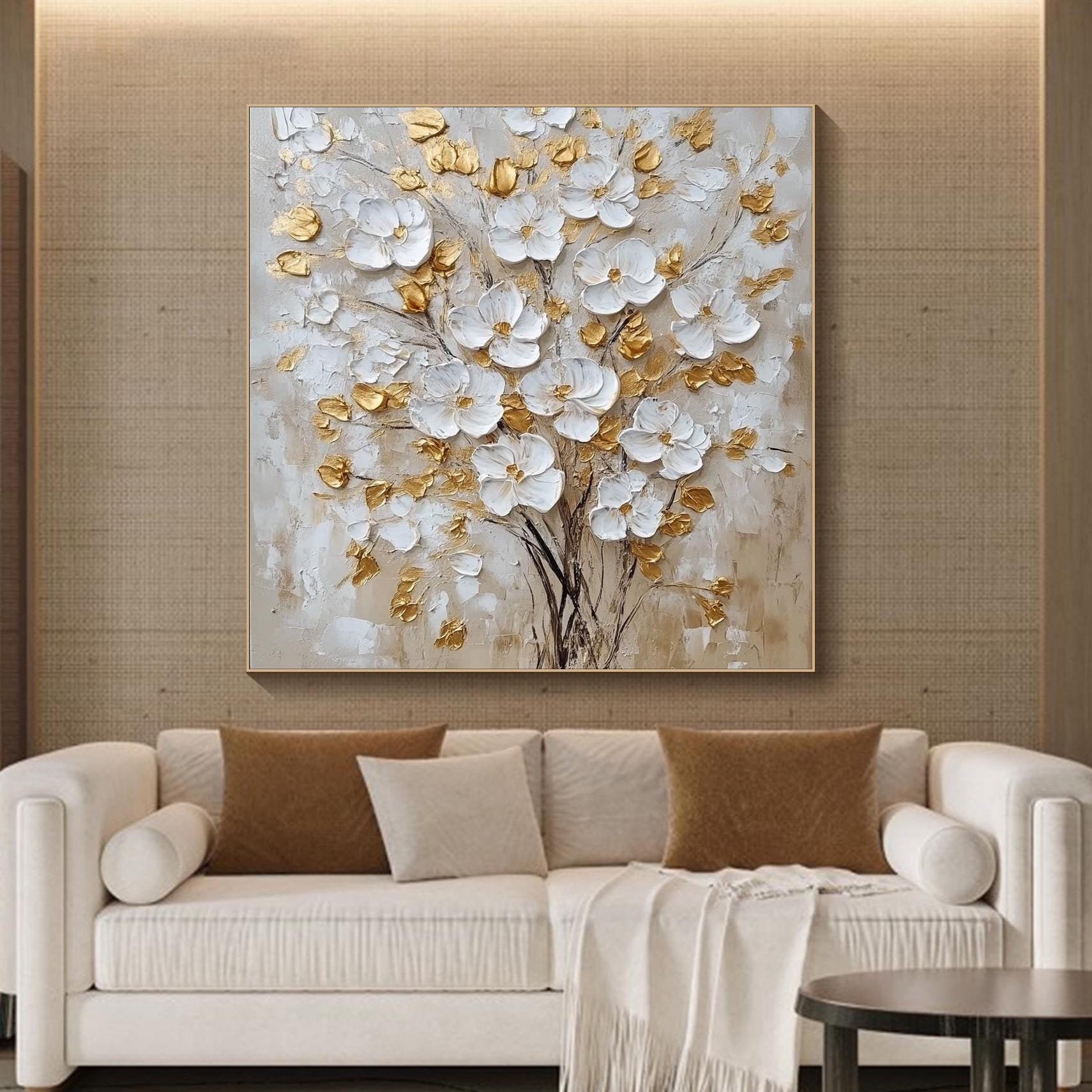 Golden Bloom – Hand-Painted White and Gold Foil 3D Relief Plaster Effect Floral Painting | Modern Luxury Botanical Bedroom & Living Room Art