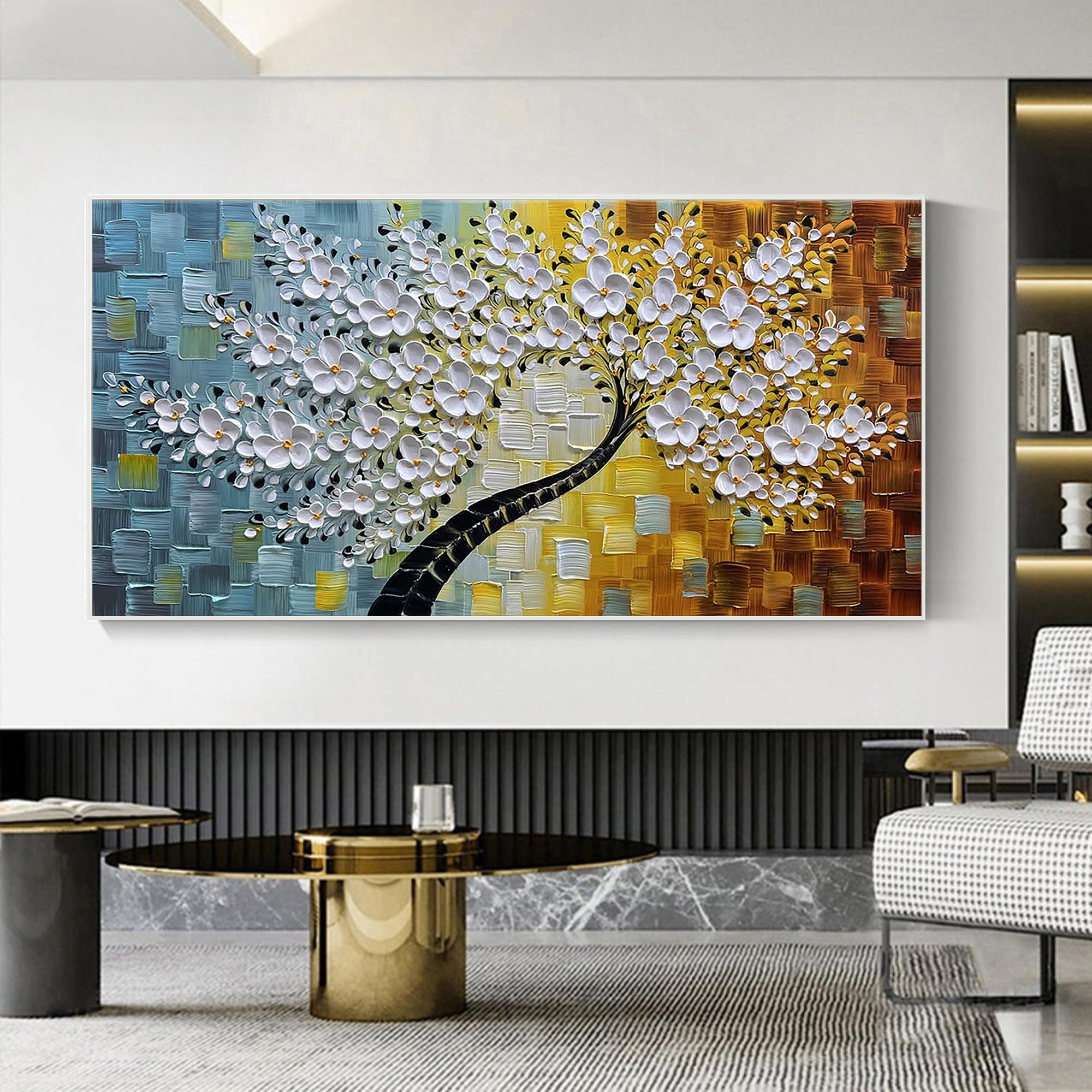 Golden Bloom – White and Amber Relief Tree Floral Painting | Modern Luxury Botanical Bedroom & Living Room Art