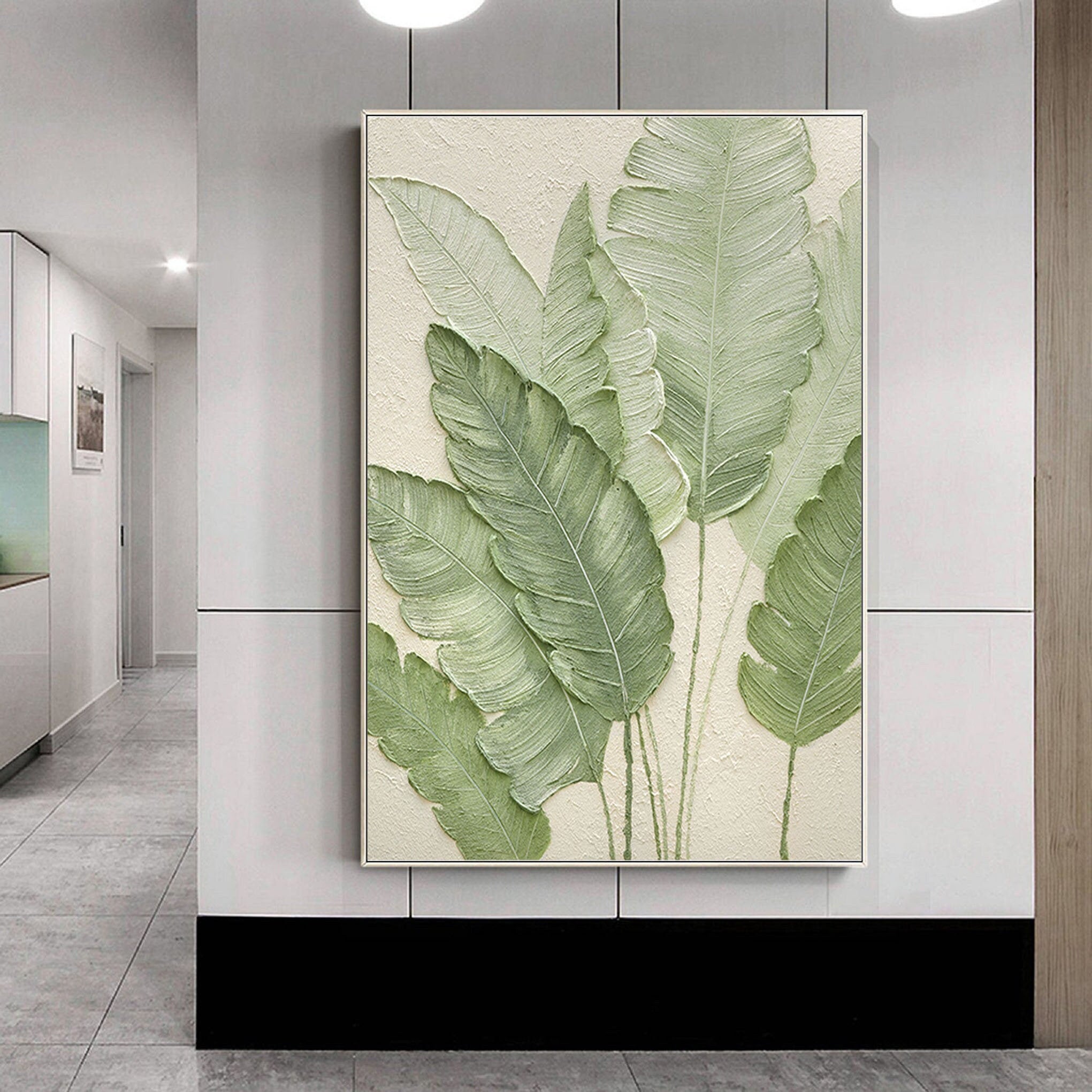EMERALD WHISPER: 3D Textured Banana Leaf Wall Art, Right-Facing Botanical Relief with Gold Edges