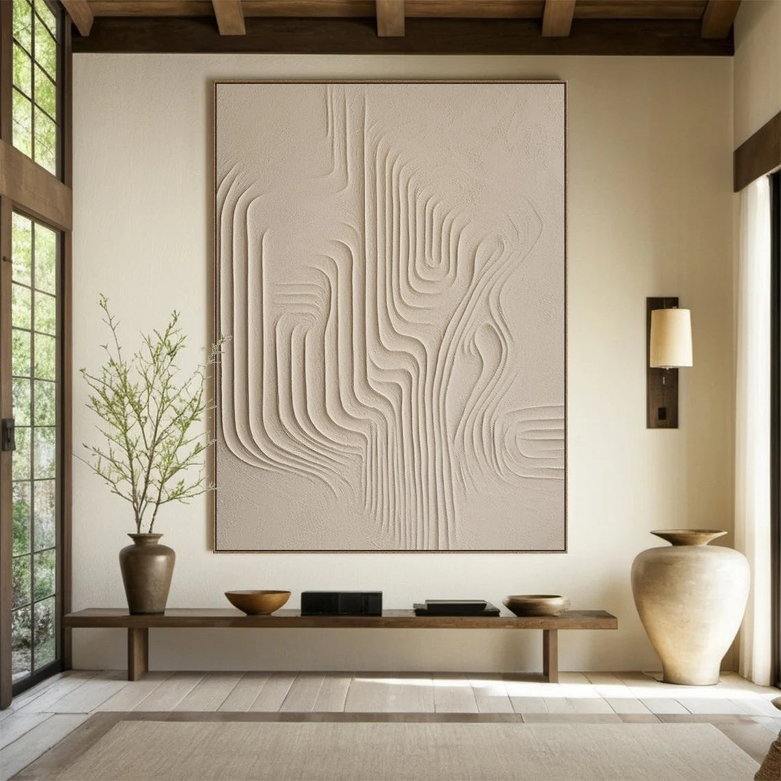 Zen Ripple – Hand-Painted Minimalist Beige Plaster Effect Relief Wabi-Sabi Painting | Japandi Organic Wabi-Sabi Living Room & Hallway Art