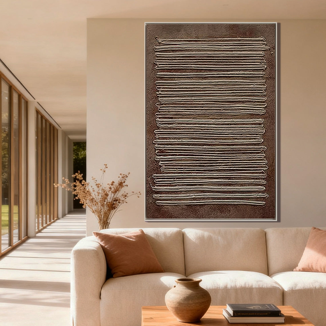 Earthen Linen – Modern Terracotta & White Plaster Relief Grid Wabi-Sabi Painting | Japandi Organic Wabi-Sabi Living Room & Hallway Art