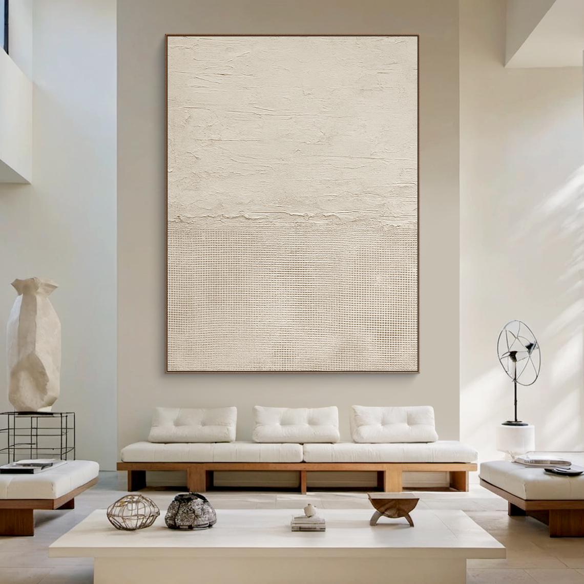 Creamy Horizon – Hand-Painted Minimalist Beige Two-Tone Plaster Effect Wabi-Sabi Painting | Japandi Organic Wabi-Sabi Living Room & Hallway Art
