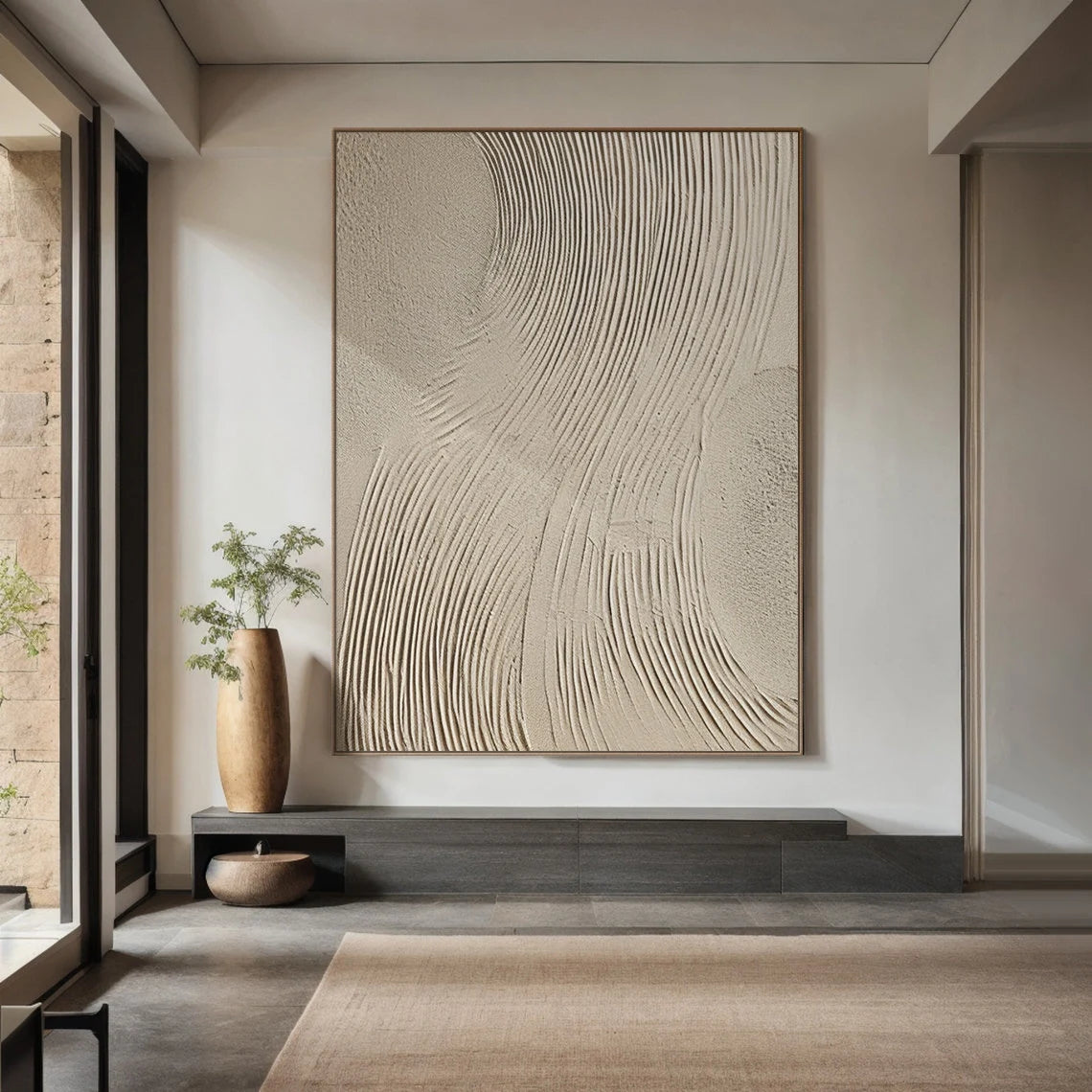 Desert Rhythm – Hand-Painted Minimalist Beige Linear Plaster Relief Wabi-Sabi Painting | Japandi Organic Wabi-Sabi Living Room & Hallway Art