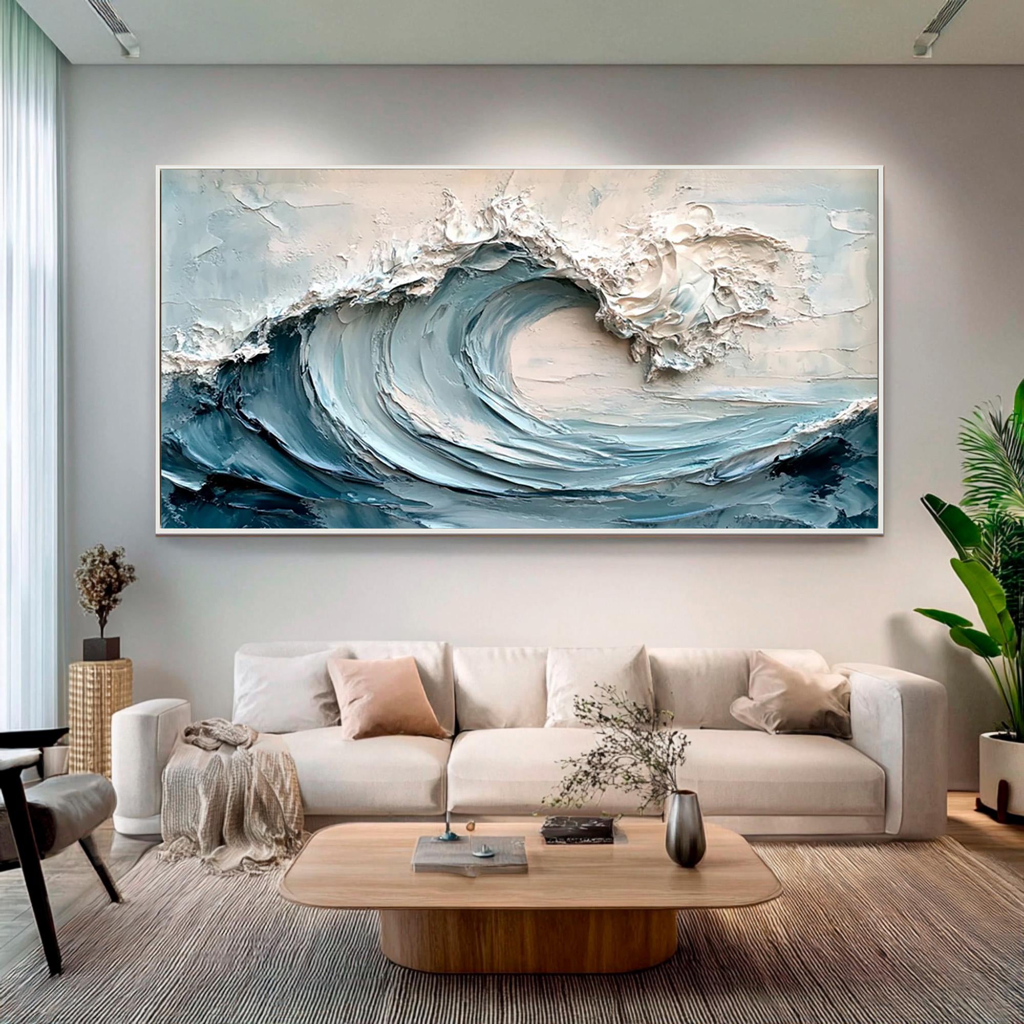 Pacific Surge – Modern Blue Ocean Relief Texture Painting | Coastal Modern Living Room & Bedroom Art