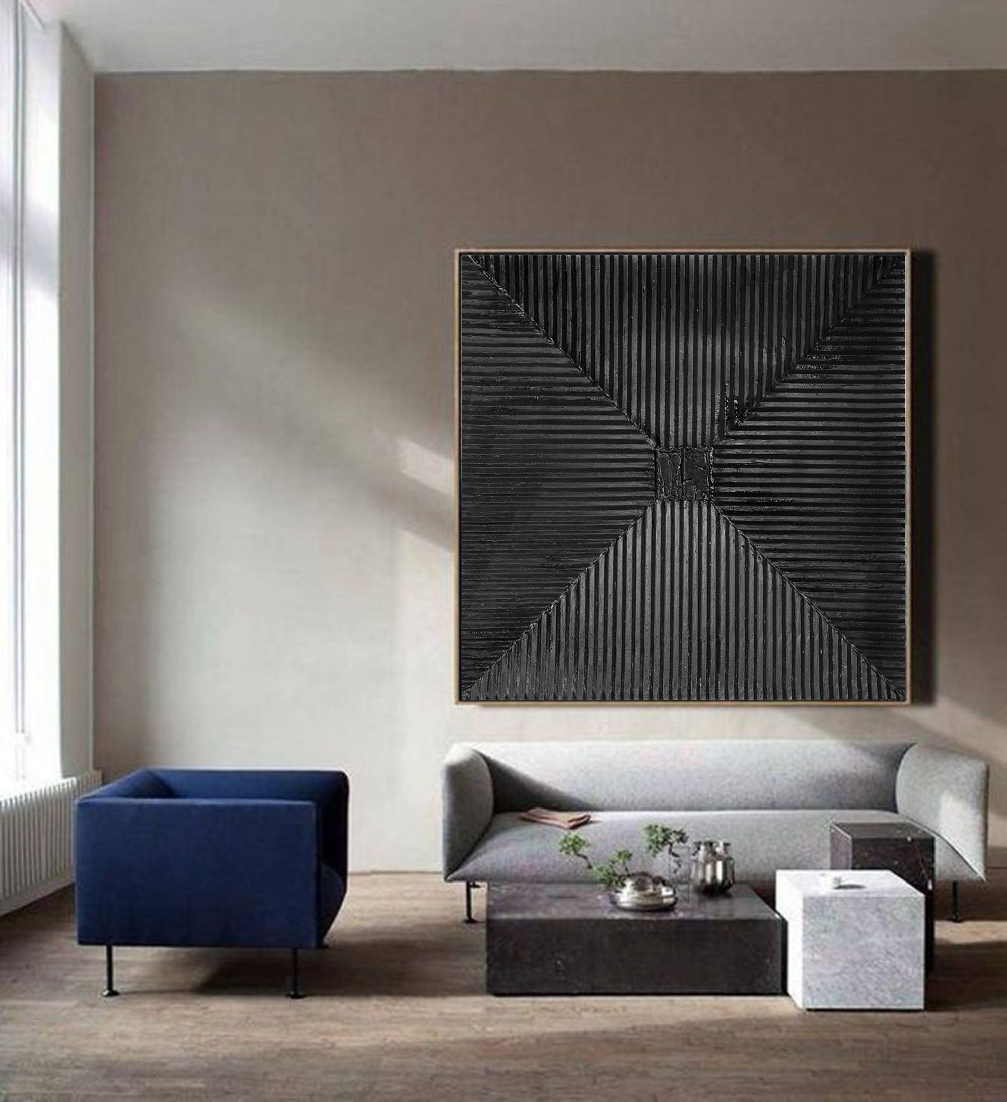 Dark Radiance – Modern Wabi-Sabi Radial Relief Monochromatic Minimalist Painting | Japandi Wabi-Sabi Living Room & Bedroom Art