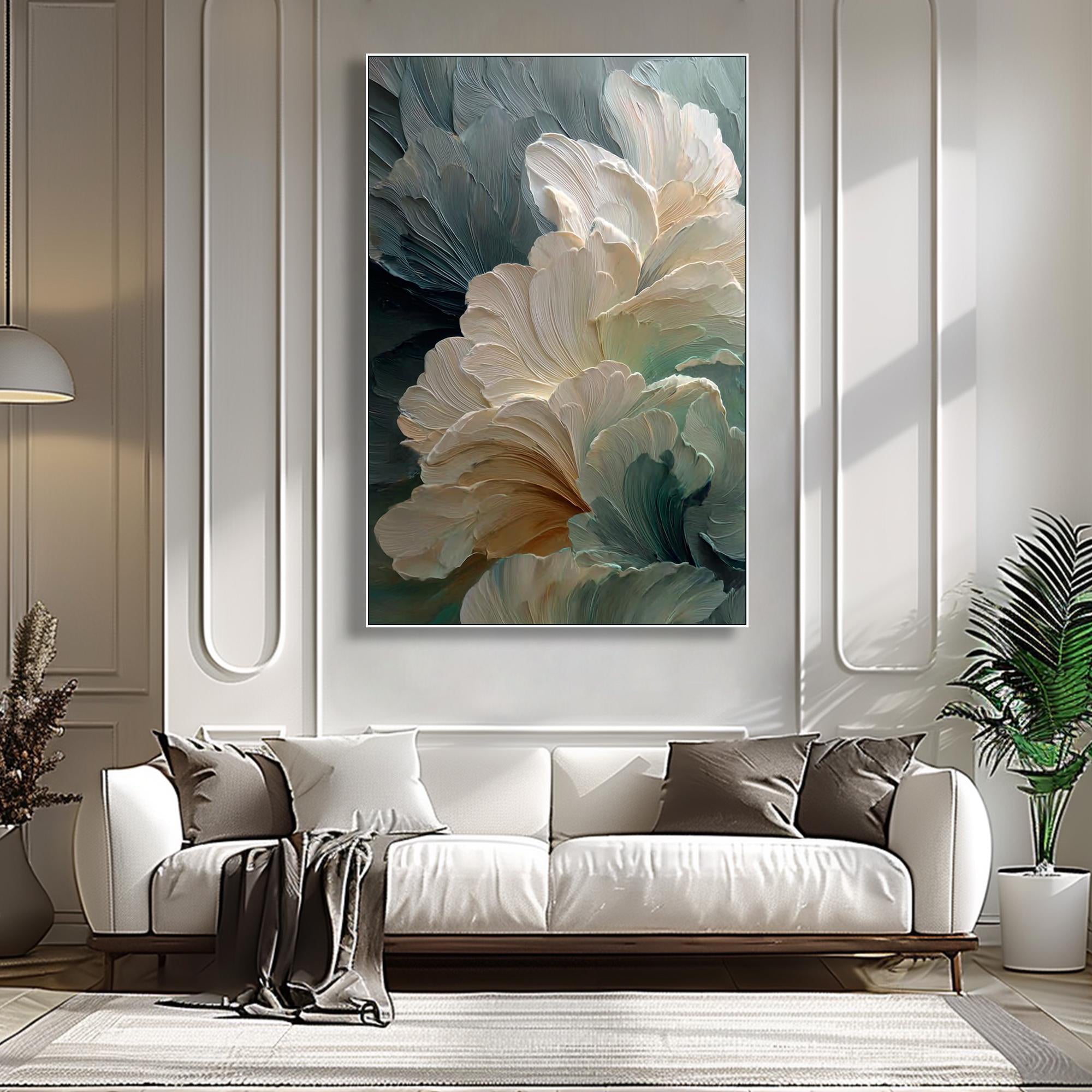 Glacier Bloom – Modern Abstract Morandi Floral Textured Painting | Luxury Impasto Bedroom Art