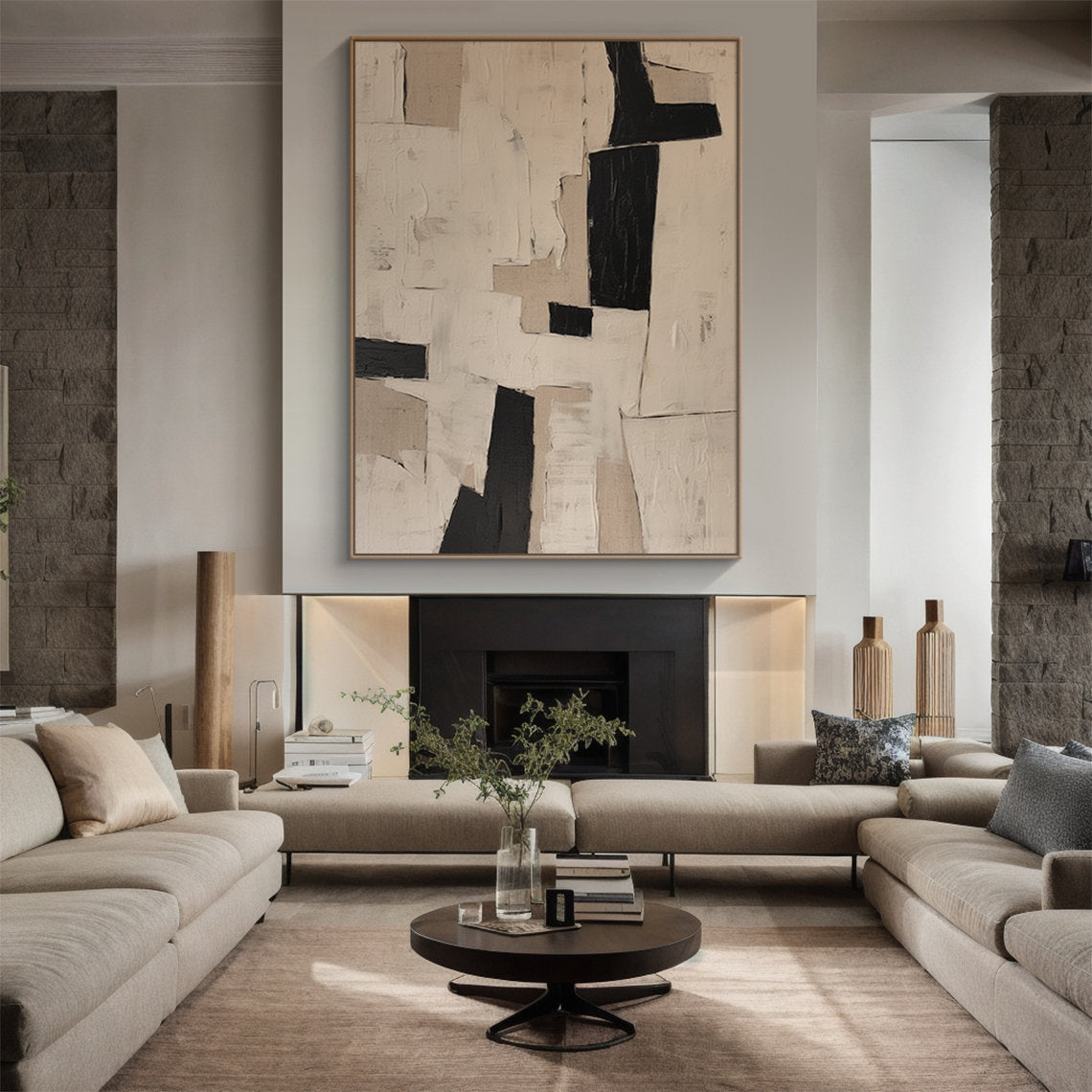 Earthen Monolith – Hand-Painted Black and Tan Palette Knife Wabi-Sabi Painting | Japandi Wabi-Sabi Living Room & Bedroom Art