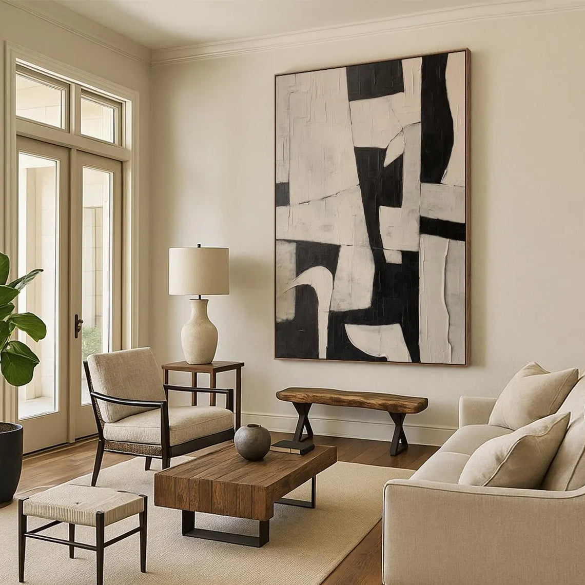 Oatmeal Structure – Hand-Painted Minimalist Oatmeal and Tan Wabi-Sabi Painting | Japandi Organic Wabi-Sabi Living Room & Hallway Art