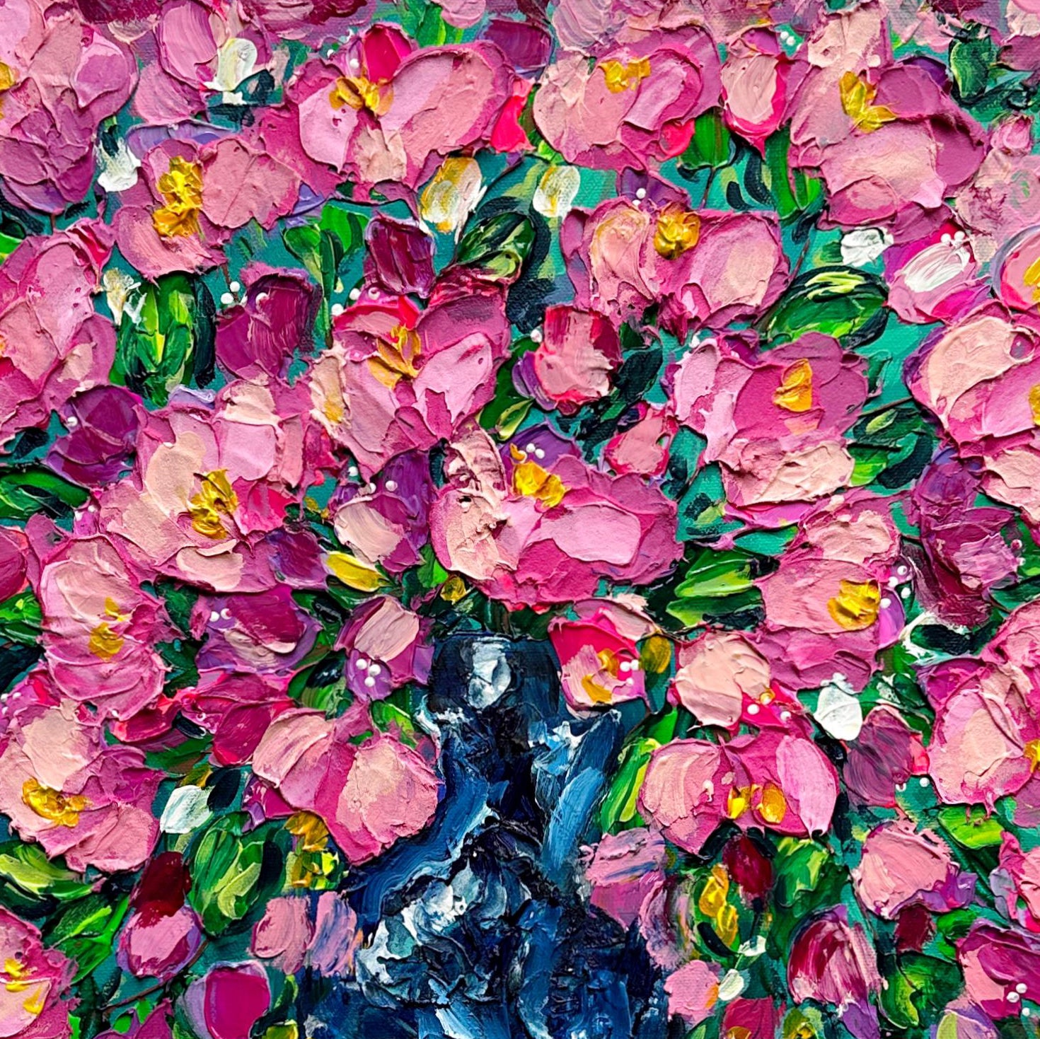 ROYAL BOUQUET: Square 3D Heavy Texture Floral Wall Art, Pink Peony Relief in Teal Vase