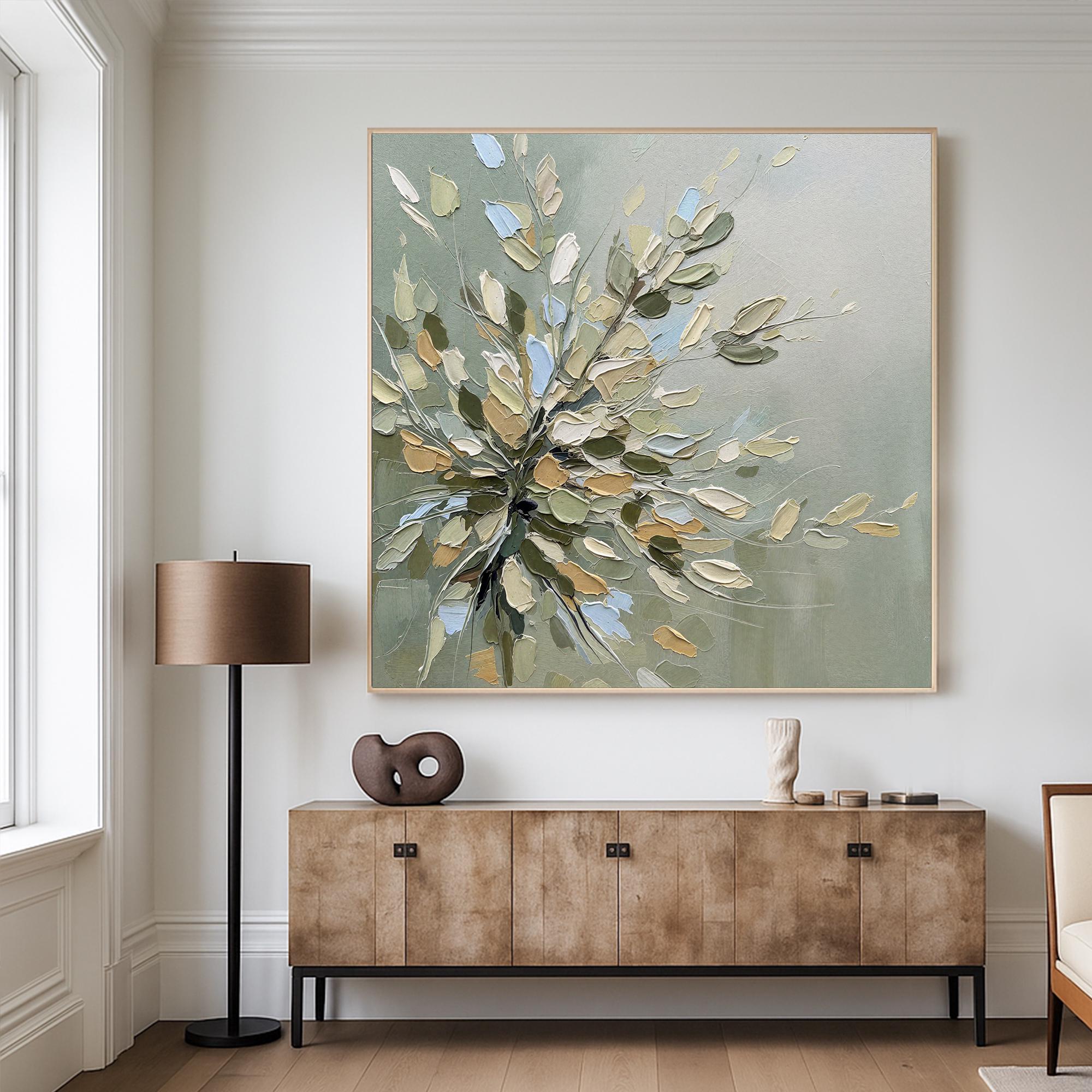 Sage Petals – Hand-Painted Sage Green 3D Impasto Blossom Floral Painting | Tropical Botanical Bedroom & Dining Room Art