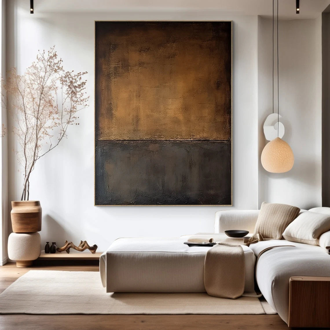 Earthen Dusk – Hand-Painted Coffee Brown and Charcoal Black Minimalist Plaster Relief Wabi-Sabi Painting | Modern Noir Wabi-Sabi Living Room & Home Office Art