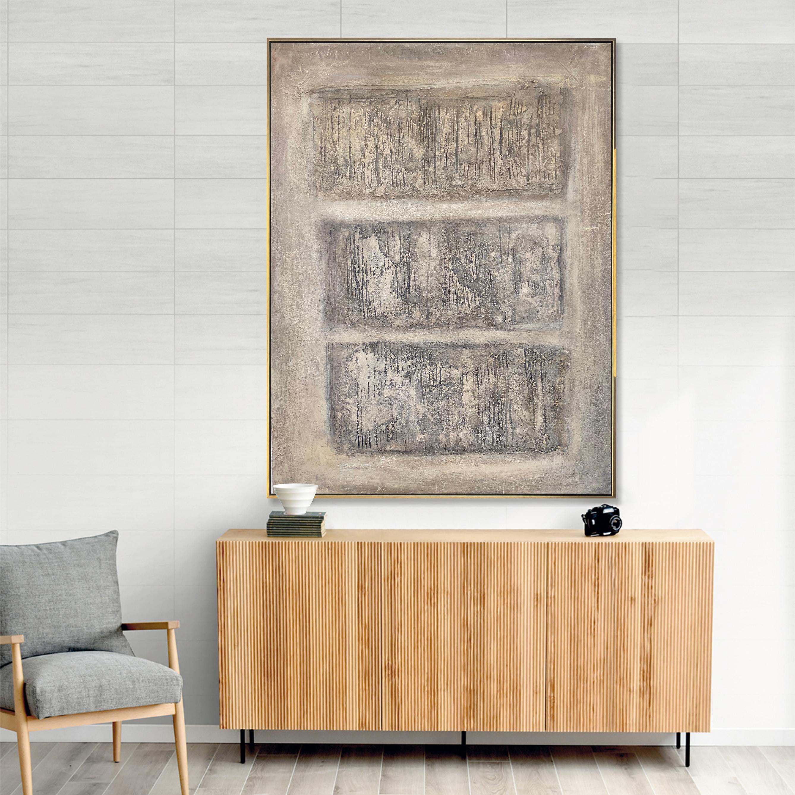 Neutral Vestige – Hand-Painted Beige Three-Panel Relief Plaster Effect Wabi-Sabi Painting | Japandi Organic Wabi-Sabi Living Room & Hallway Art
