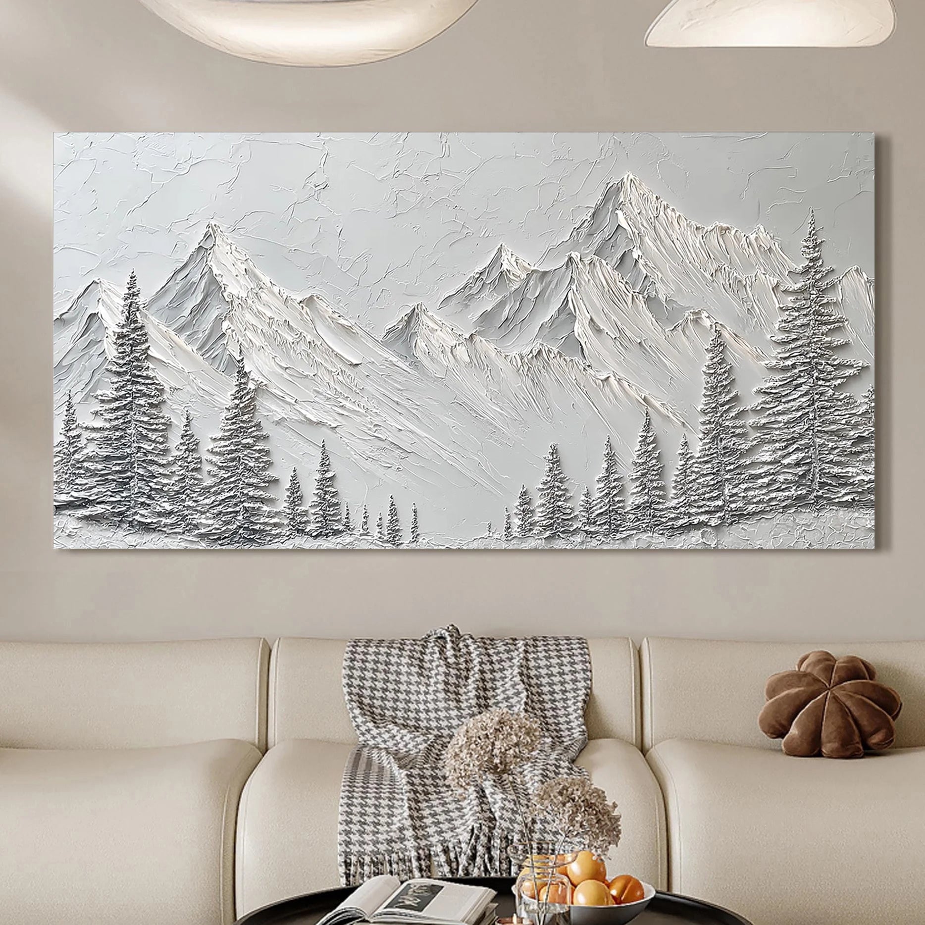SNOW PEAK: Panoramic 3D Heavy Texture Mountain Wall Art, Modern White Pine & Peak Relief