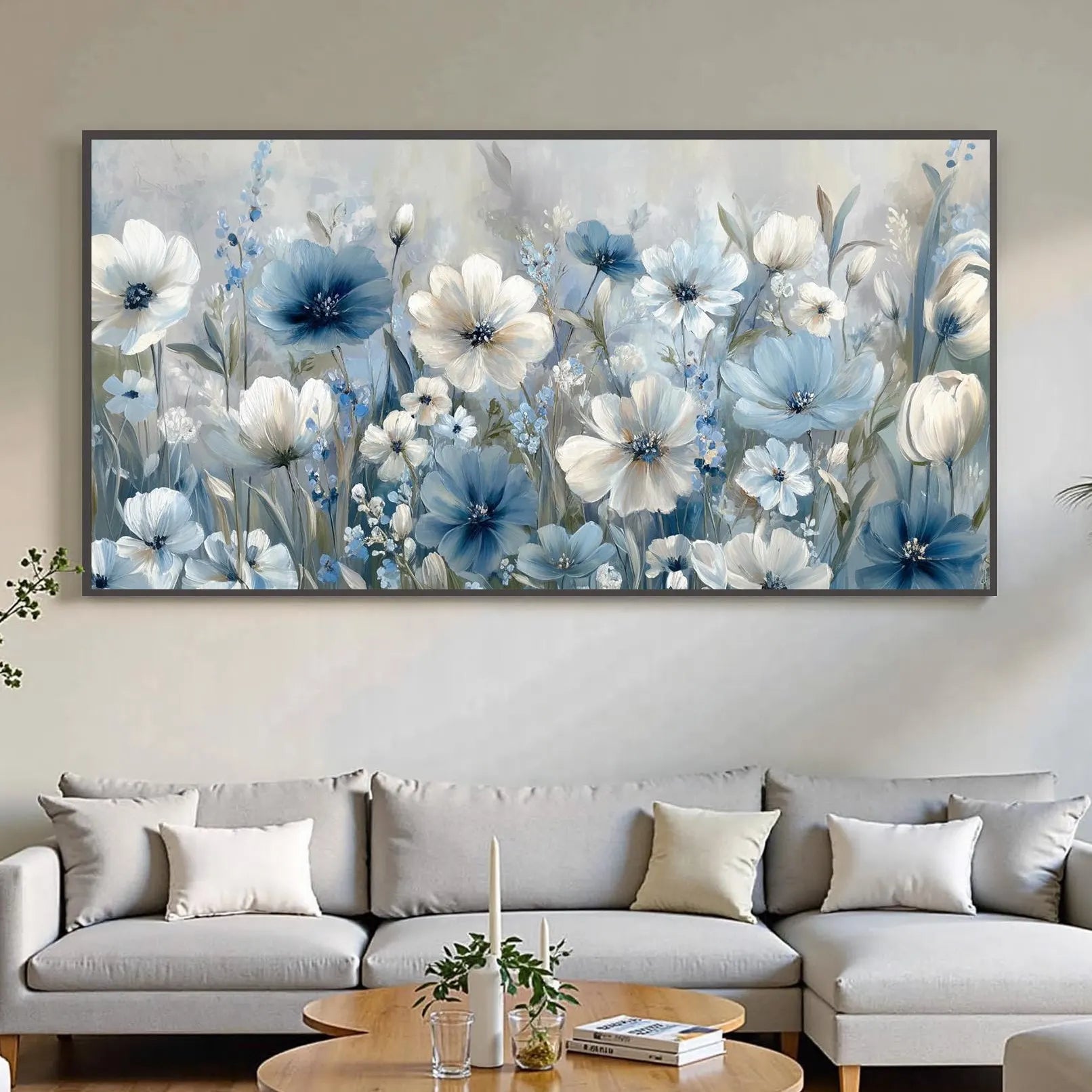 COASTAL BLOOM: Panoramic 3D Heavy Texture Botanical Wall Art, Soft Blue & White Floral Relief