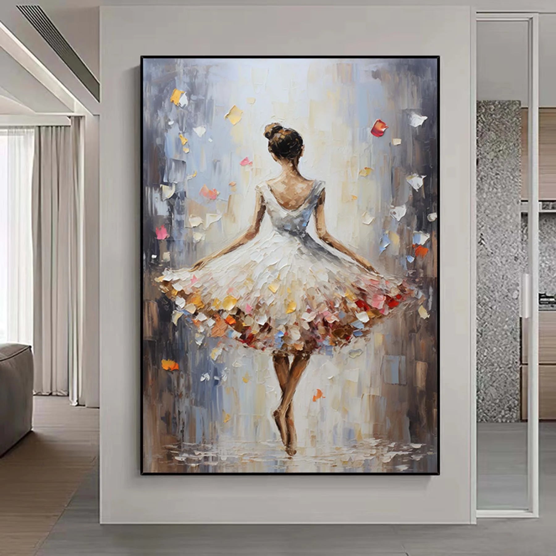 VIBRANT BALLERINA: People Portrait Art, Hand-Painted Dancer Figure Floral Skirt 3D Palette Knife Heavy Texture Gallery Art