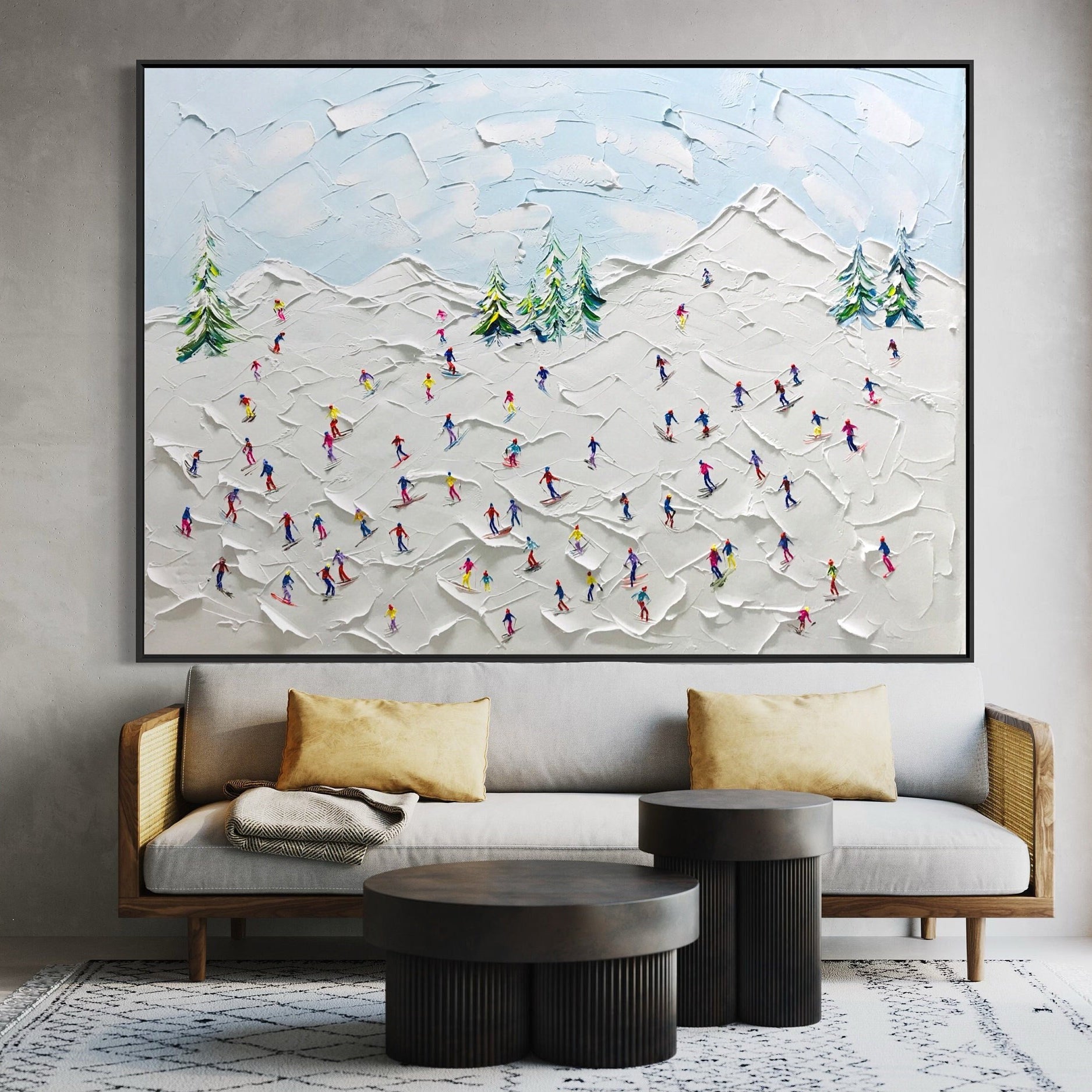 Summit Joy – Modern Heavy Impasto Skiing Oil Painting | Creative Snow Mountain Textured Living Room Art