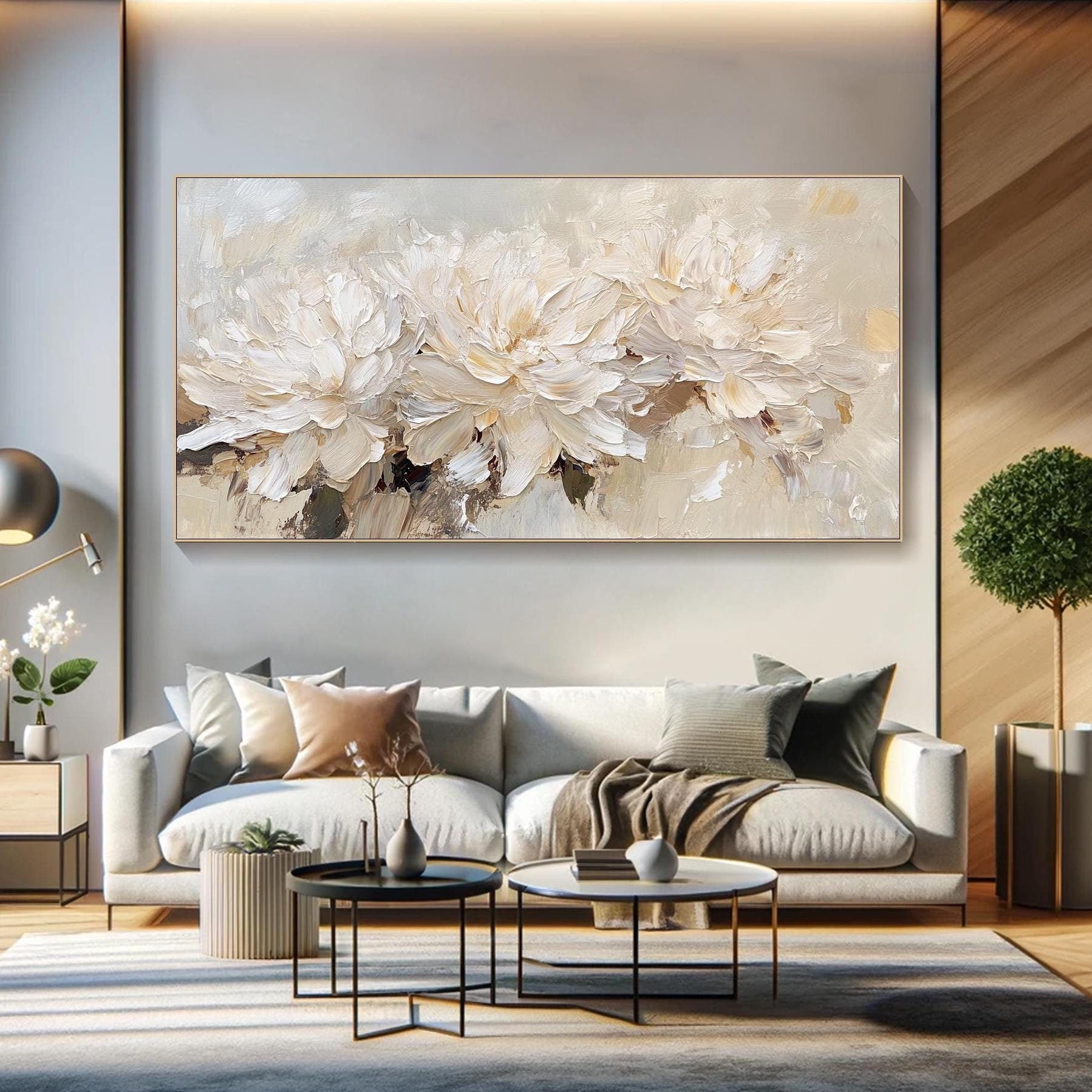 VANILLA PEONY: Panoramic 3D Heavy Texture Floral Wall Art, Creamy Relief Palette Knife Painting