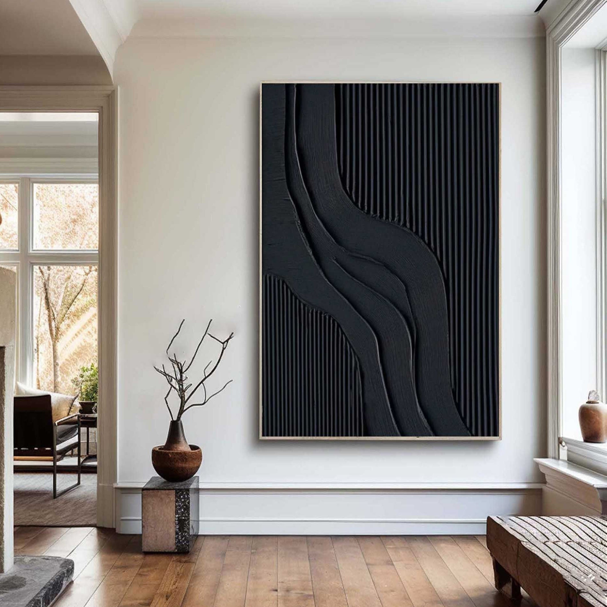 Midnight Strata – Hand-Painted Matte Black Fluted Texture 3D Relief Wabi-Sabi Painting | Japandi Wabi-Sabi Living Room & Bedroom Art