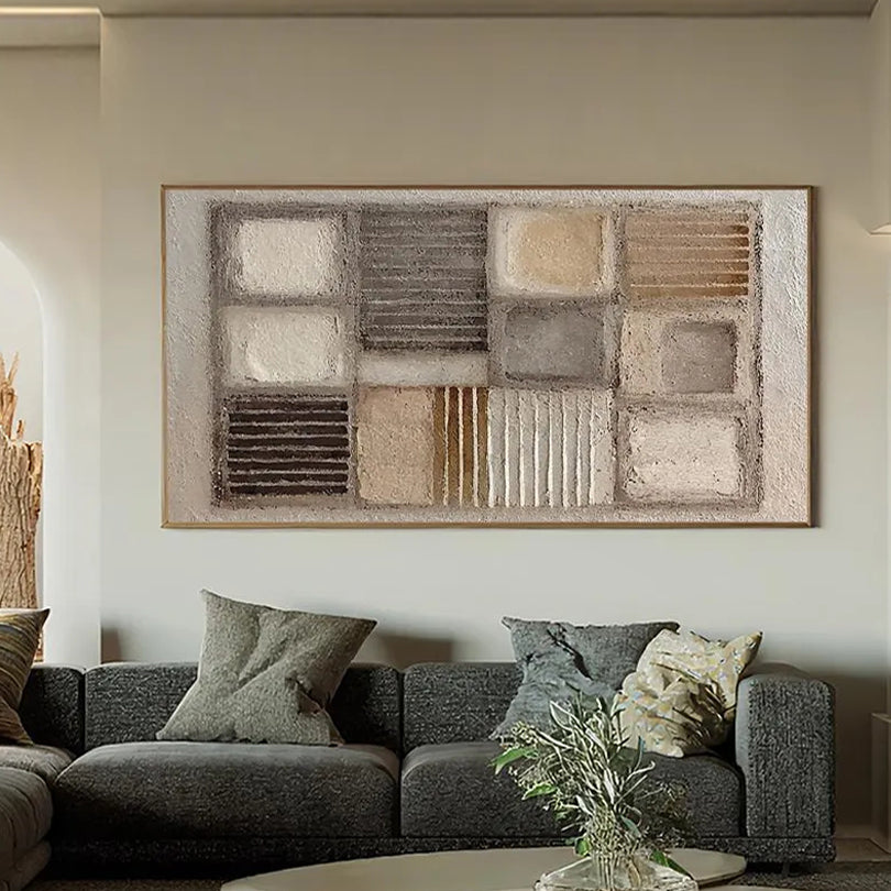 Earthen Mosaic – Modern Neutral Plaster Relief Grid Wabi-Sabi Painting | Japandi Organic Wabi-Sabi Living Room & Hallway Art