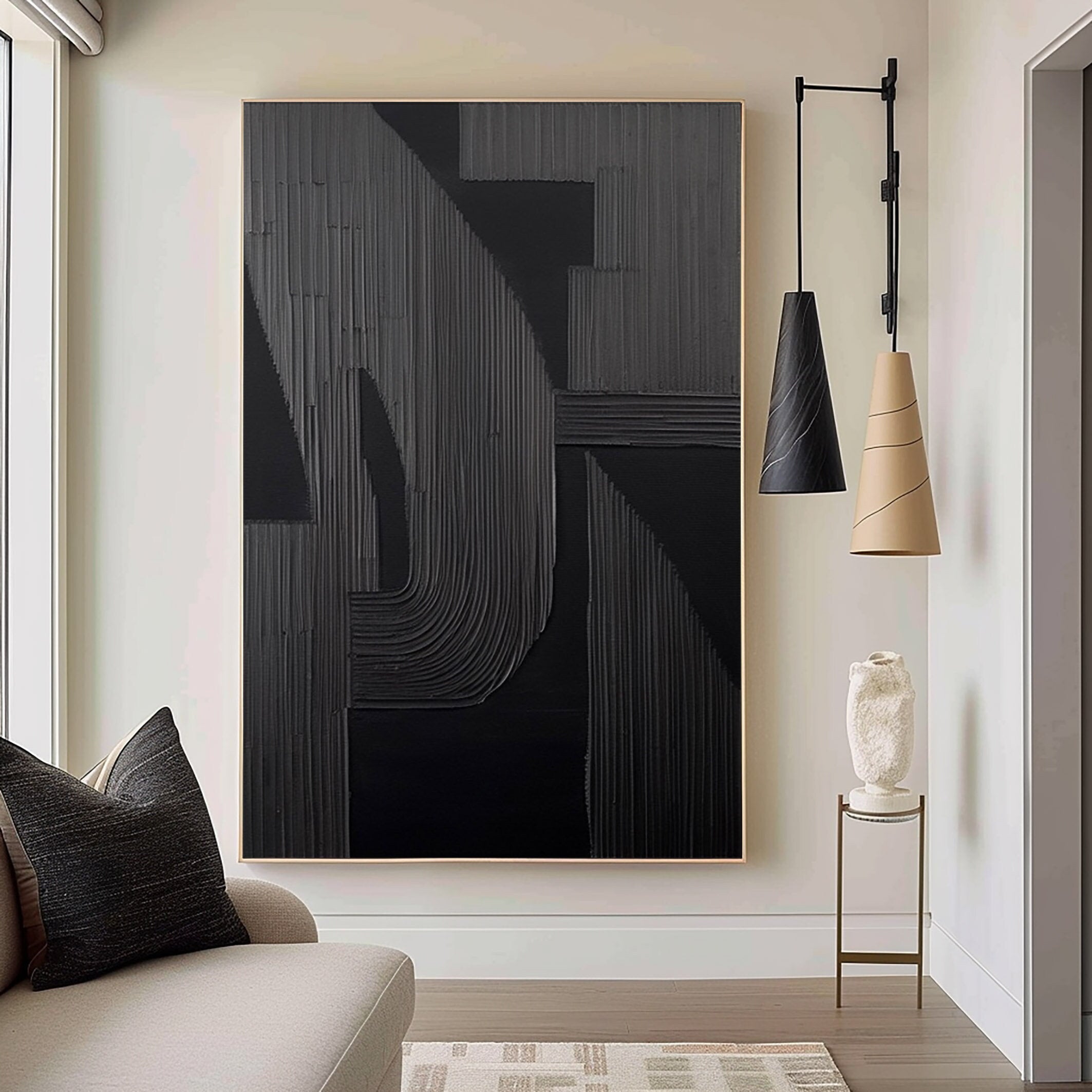Shadow Arch – Hand-Painted Matte Black Fluted Texture 3D Relief Wabi-Sabi Painting | Japandi Wabi-Sabi Living Room & Bedroom Art