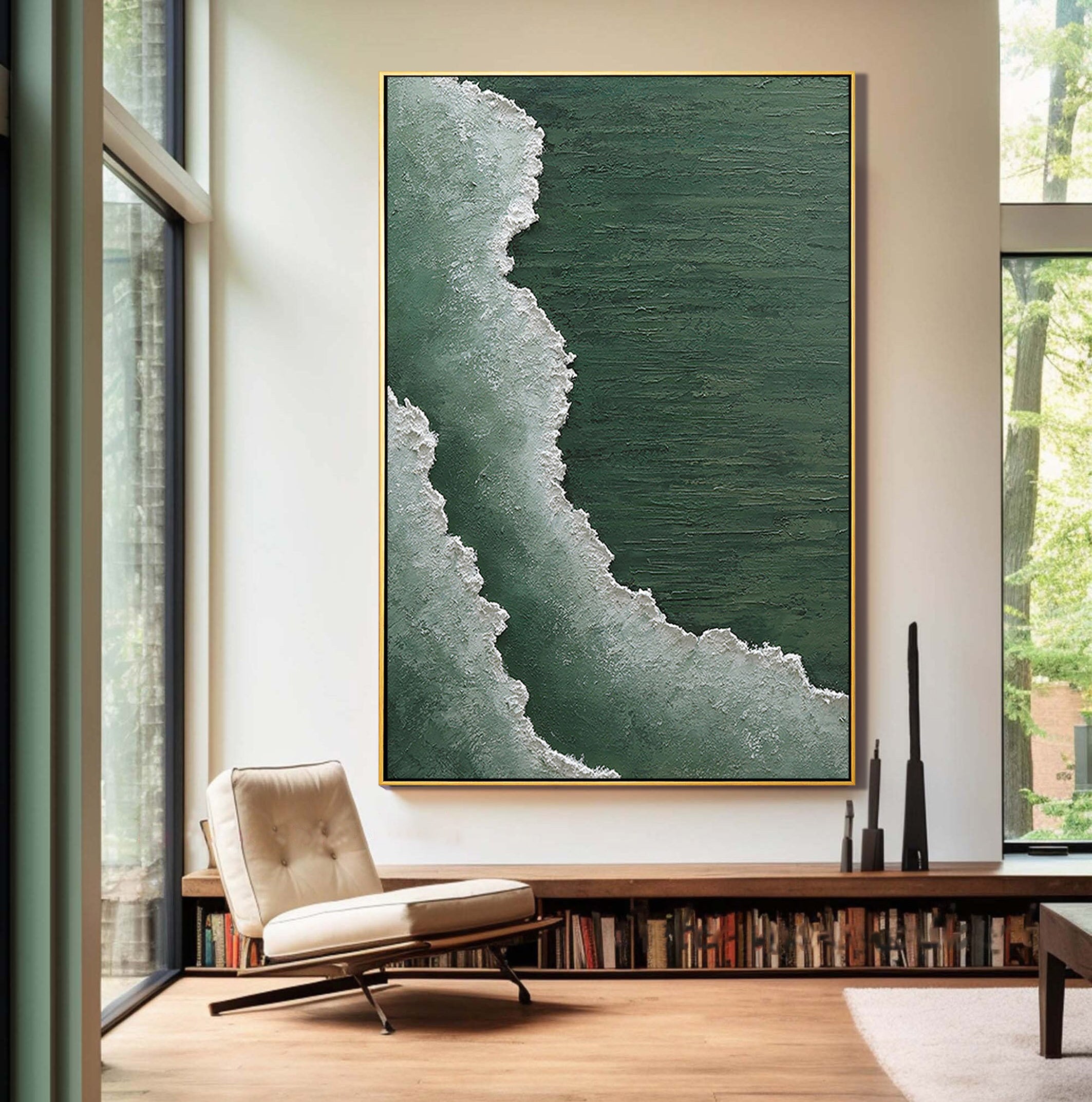 Emerald Tide – Deep Green Forest Sea Foam Relief Landscape Painting | Contemporary Landscape Living Room & Dining Room Art