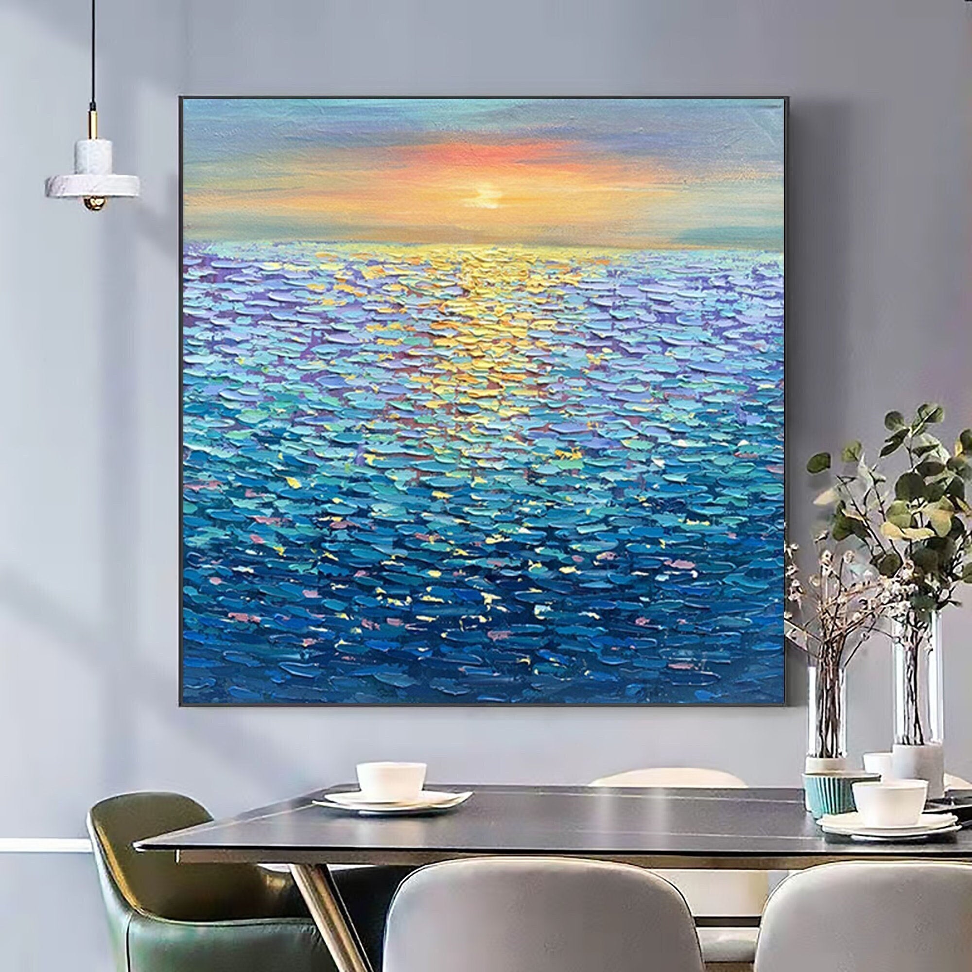 OCEAN GLOW: Square 3D Heavy Texture Seascape Wall Art, Modern Sunset Reflection Impasto