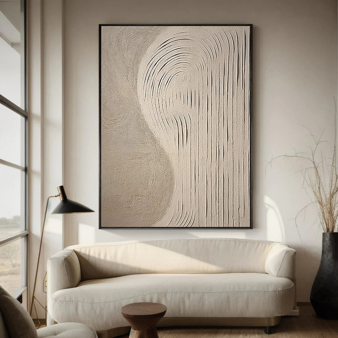 Organic Curve – Hand-Painted Neutral Beige S-Shape Plaster Relief Wabi-Sabi Painting | Japandi Organic Wabi-Sabi Living Room & Hallway Art