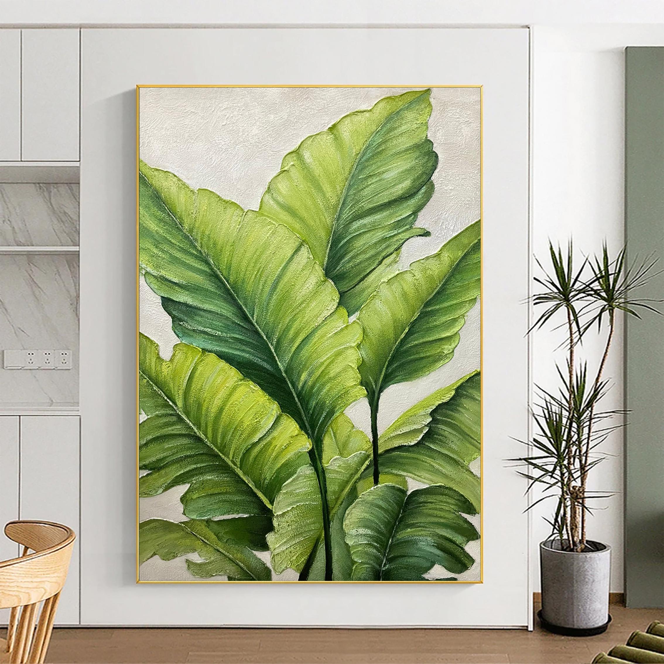 Emerald Breeze – Hand-Painted Emerald Green Tropical Leaf 3D Floral Painting | Tropical Botanical Bedroom & Dining Room Art