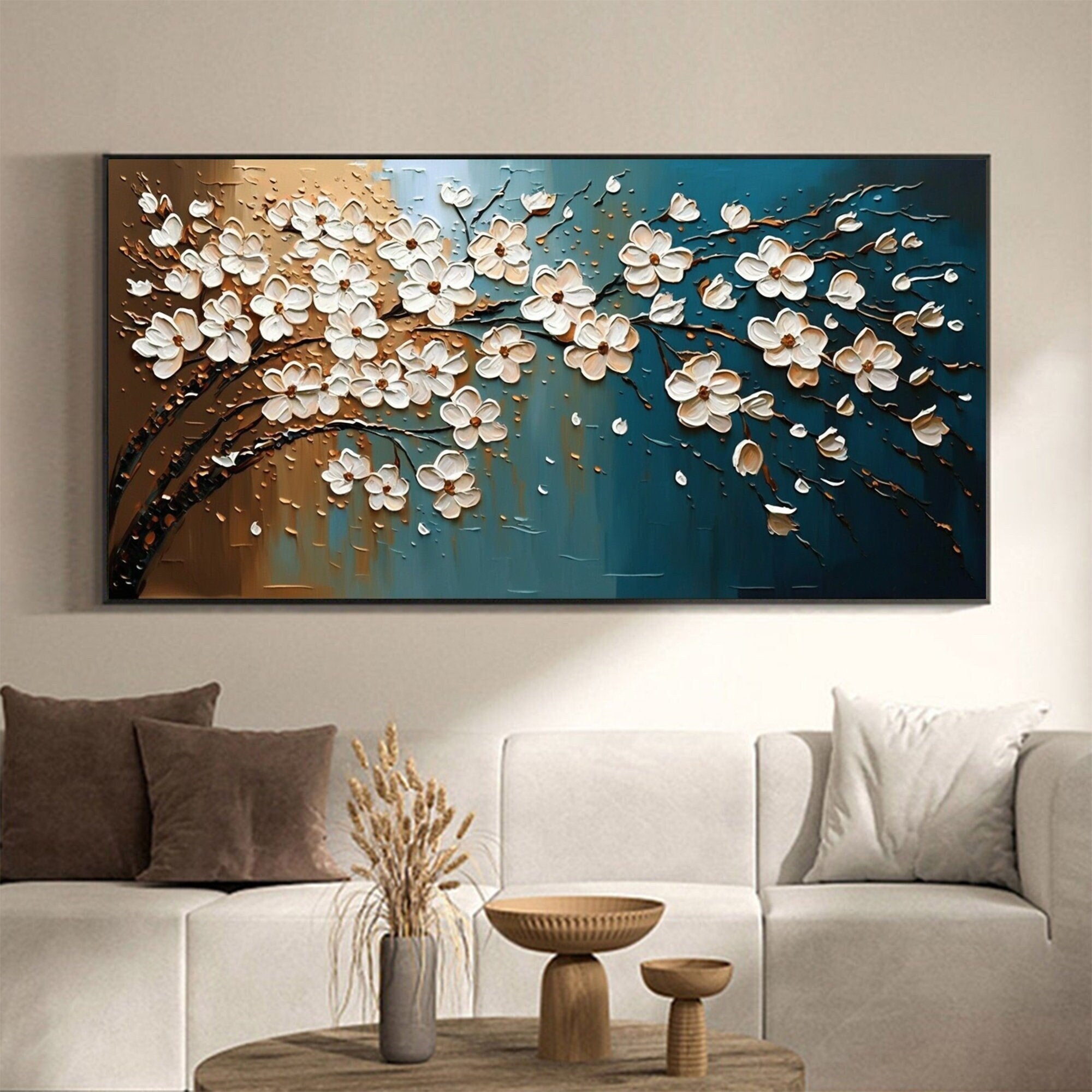 Golden Blossoms – Modern Blue and Gold Tree Hand-Painted Floral Painting | Modern Luxury Botanical Bedroom & Living Room Art
