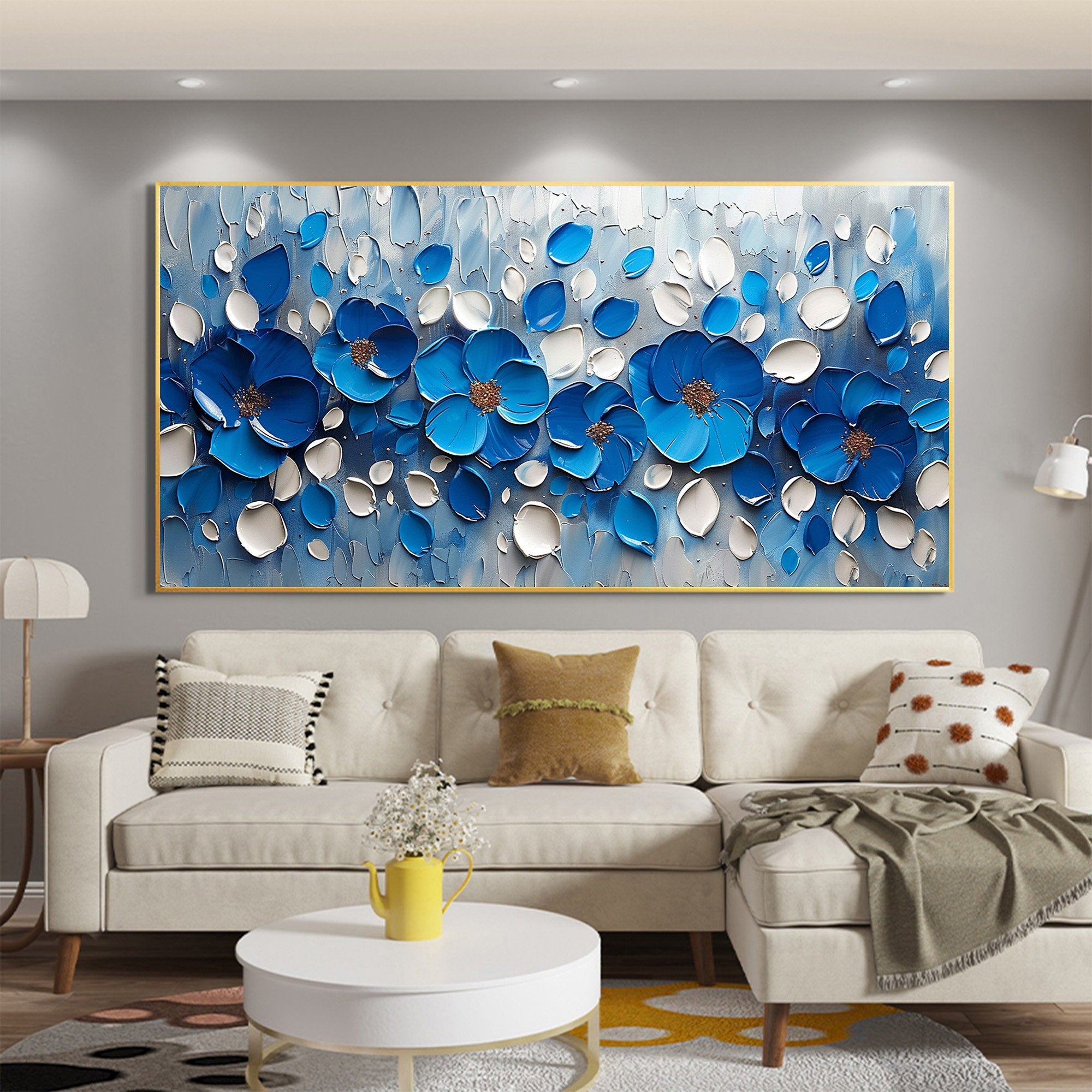 ROYAL PETALS: Flower-Tree Art, Hand-Painted Horizontal Royal Blue and White 3D Textured Palette Knife Heavy Texture Canvas Painting