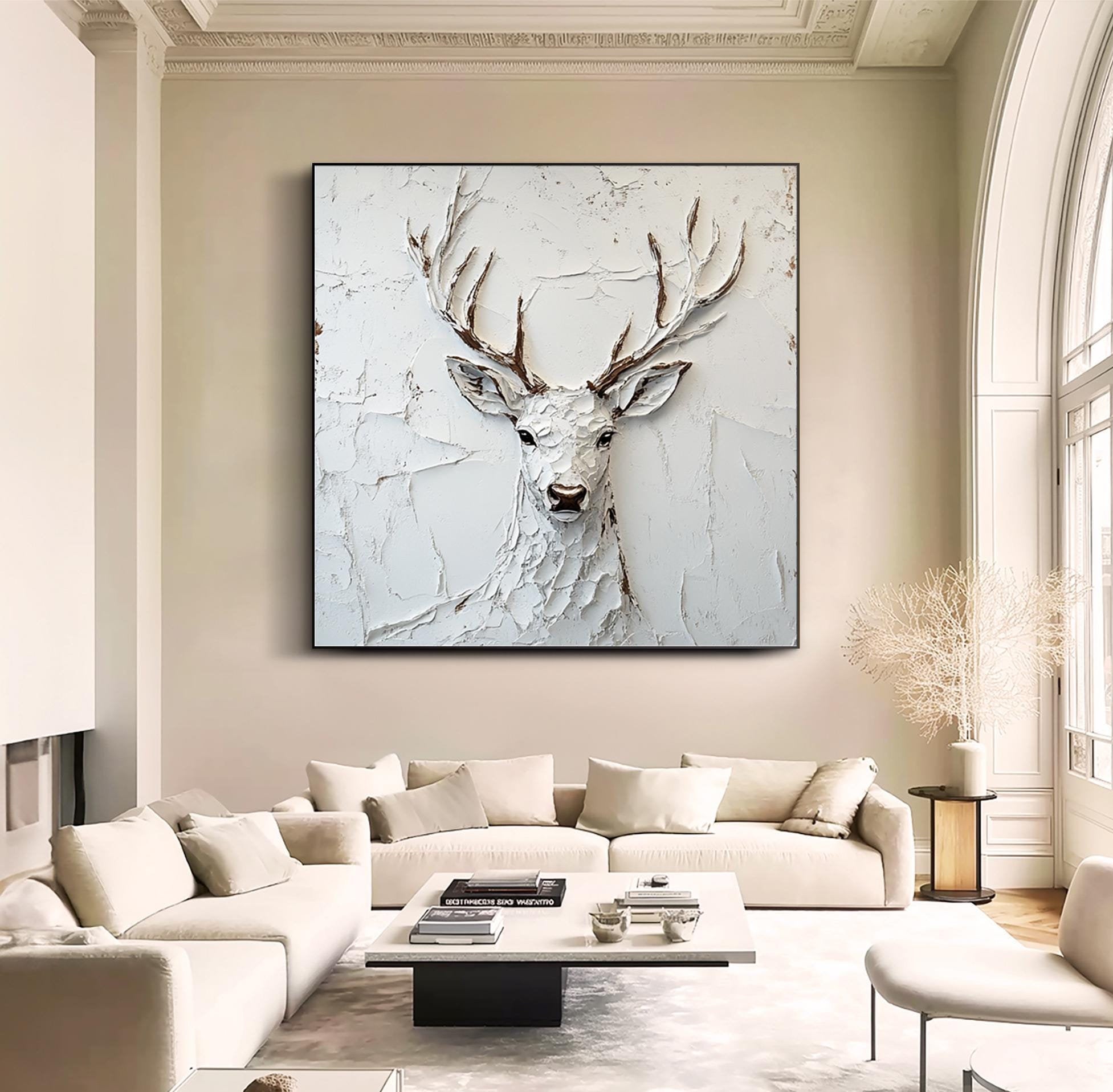 WINTER SPIRIT: 3D Heavy Texture White Deer Wall Art, Plaster Relief Stag Sculpture Art