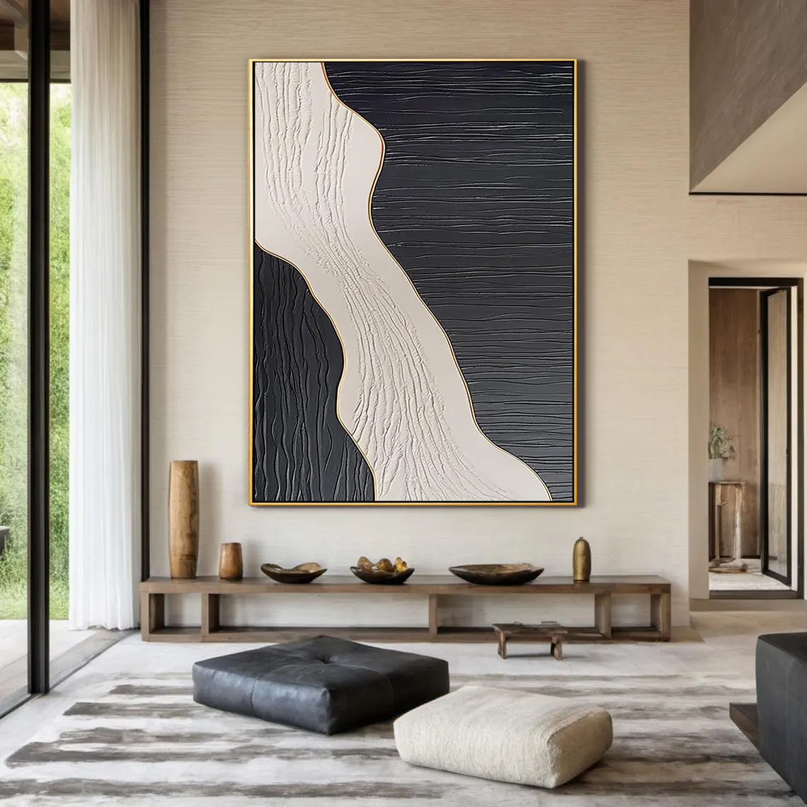 MONOCHROME PULSE: Wabi-sabi Linear Texture Art, Heavy Impasto Black & White Sculptural Painting