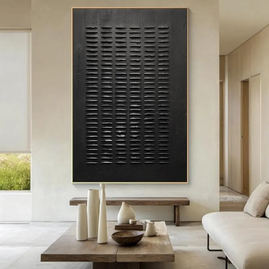 Onyx Matrix – Hand-Painted Minimalist All-Black Plaster Effect Wabi-Sabi Painting | Modern Noir Wabi-Sabi Living Room & Home Office Art