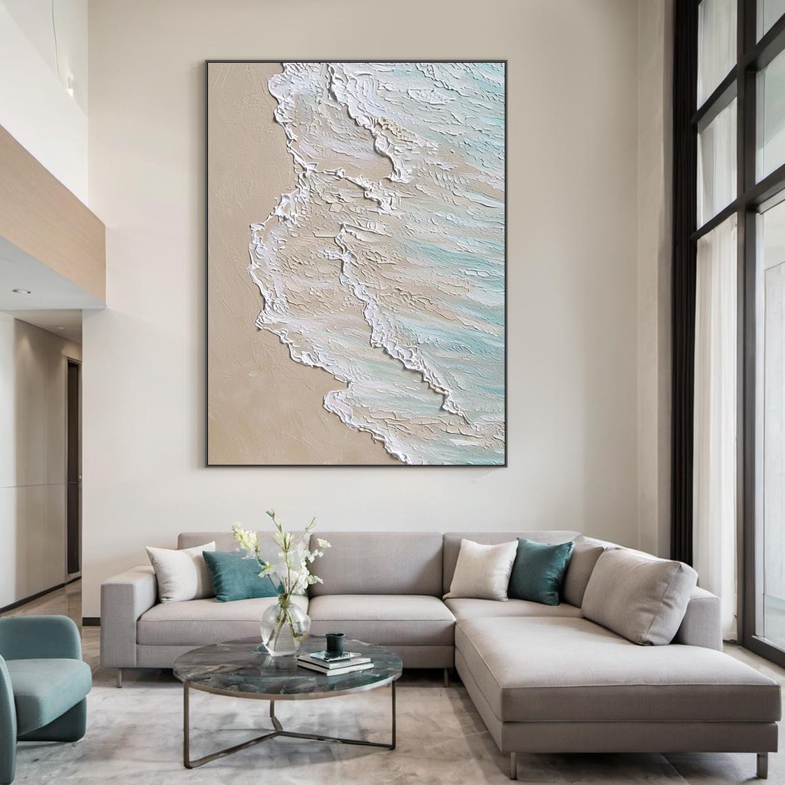 Shoreline Drift – Hand-Painted Ocean Wave Sea Foam 3D Relief Seascape Painting | Coastal Modern Living Room & Bedroom Art
