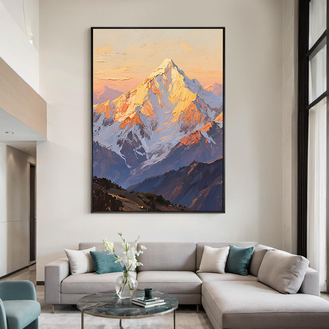 The Gilded Crest – Contemporary Sunset Mountain Peak Painting | Vibrant High-Contrast Statement Hallway Art