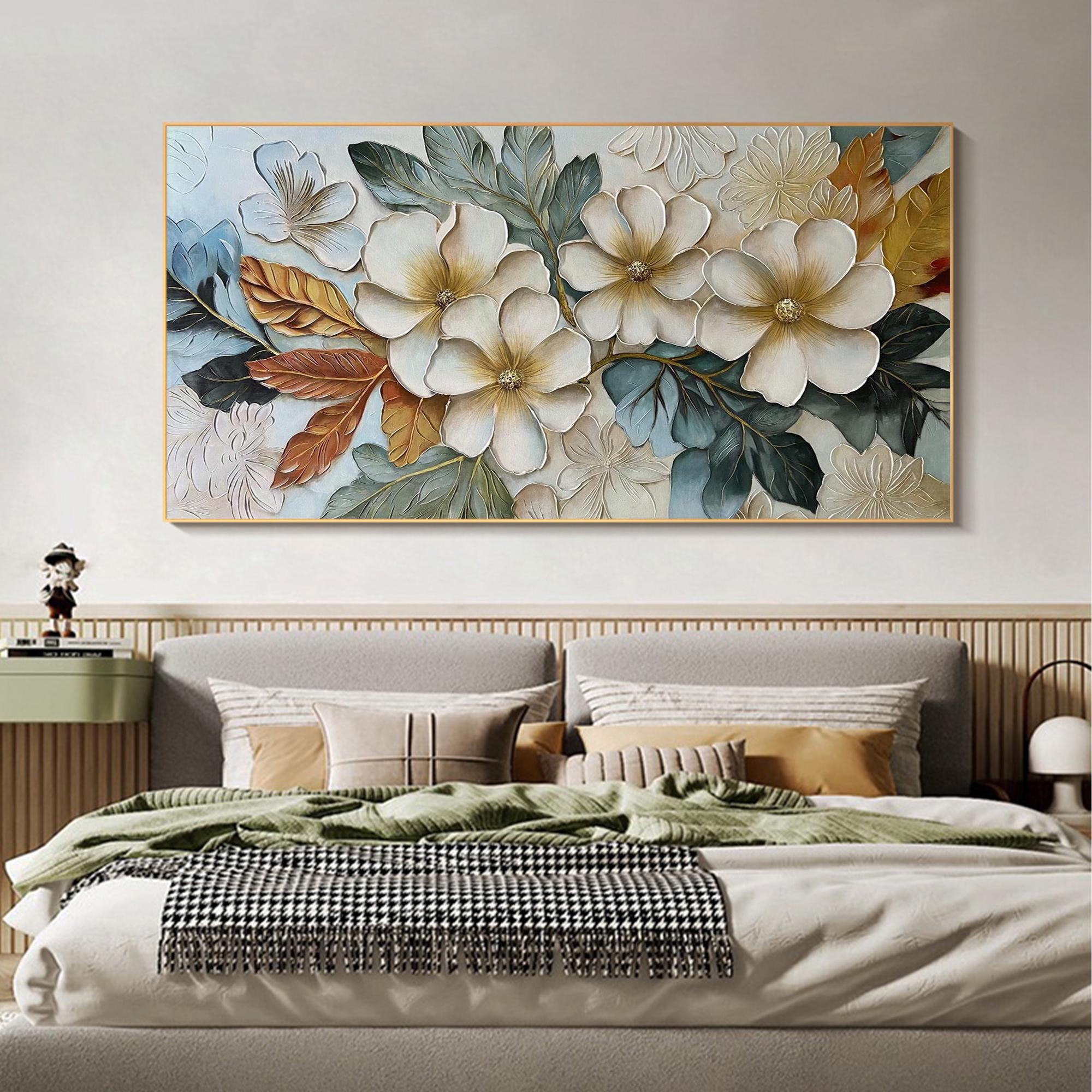 Vintage Bloom – Modern Botanical Plaster Relief Floral Painting | Contemporary Botanical Bedroom & Living Room Art