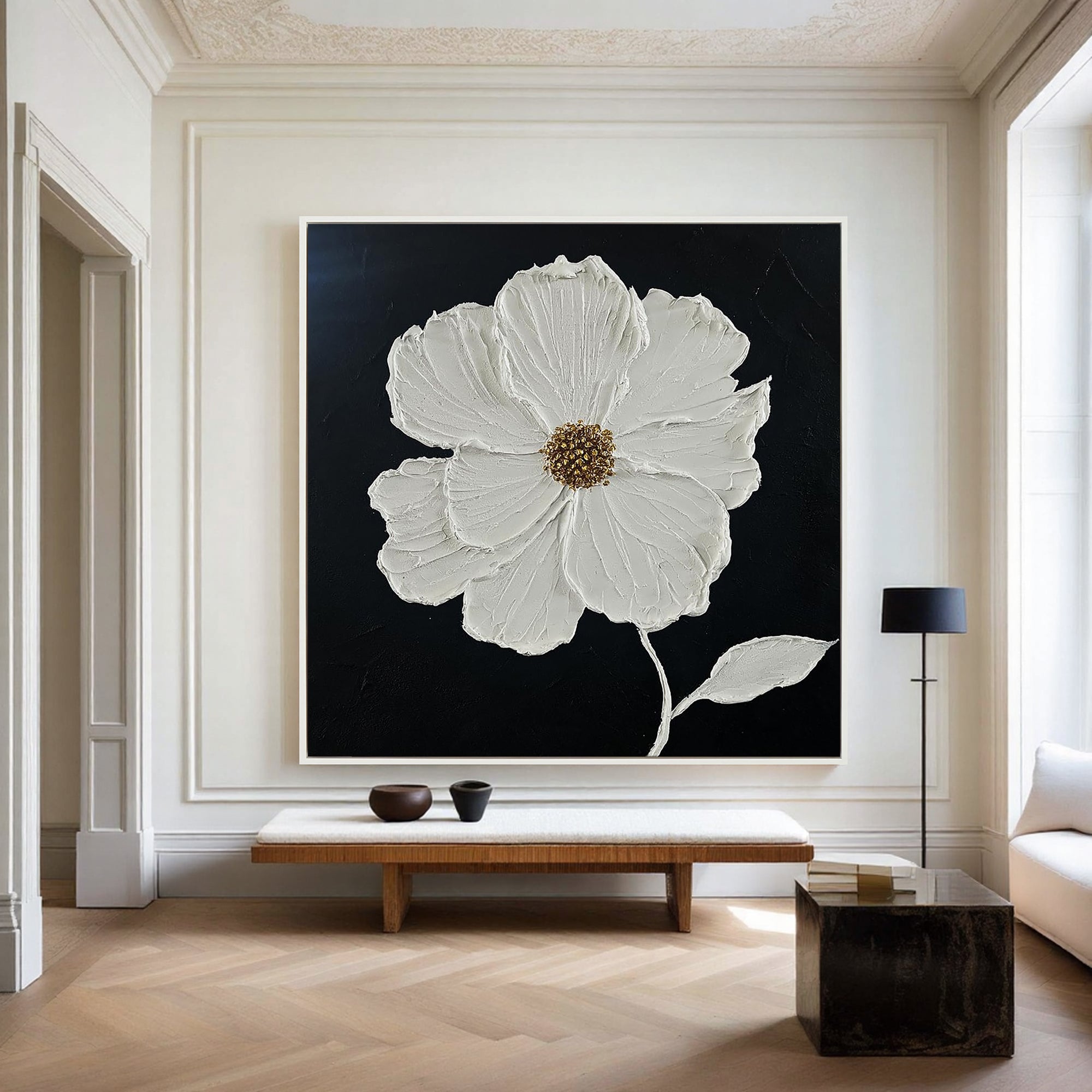 Pure Bloom – Hand-Painted Black and White Minimalist Petal Plaster Relief Floral Painting | Minimalist Botanical Bedroom & Living Room Art
