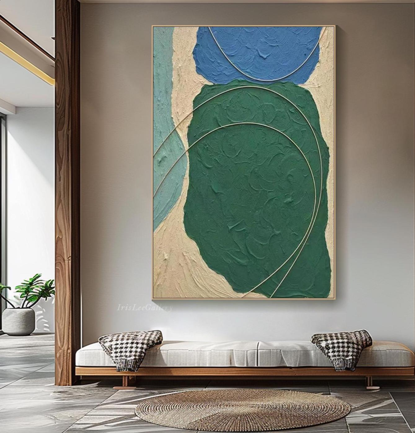 Emerald Vein – Hand-Painted Deep Green Plaster Effect Gold Line Relief Texture Painting | Modern Luxury Metallic Living Room & Hotel Art