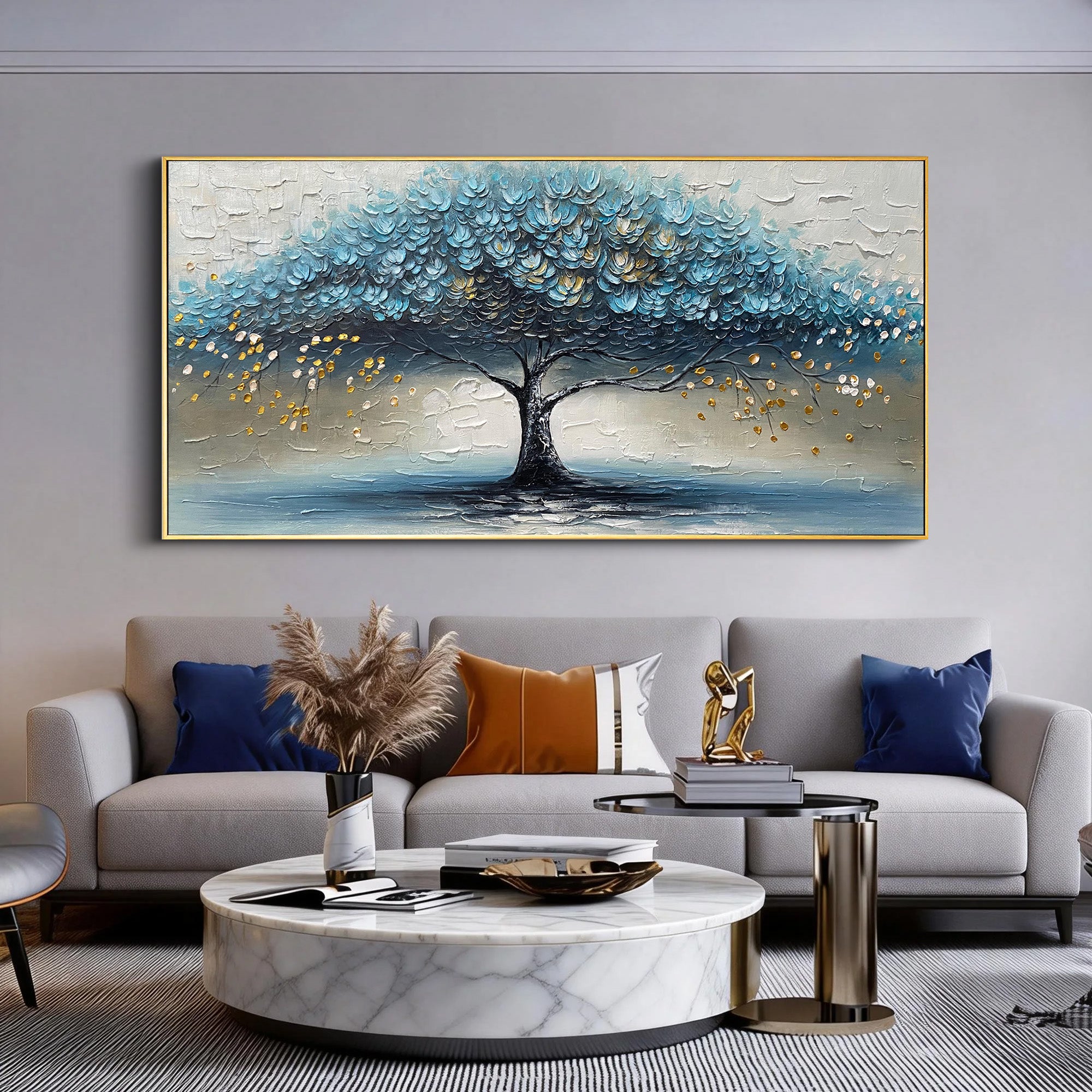 AZURE CANOPY: Tree Wall Art, Hand-Painted Blue and Grey Palette Knife Heavy Texture Canvas Oil Painting