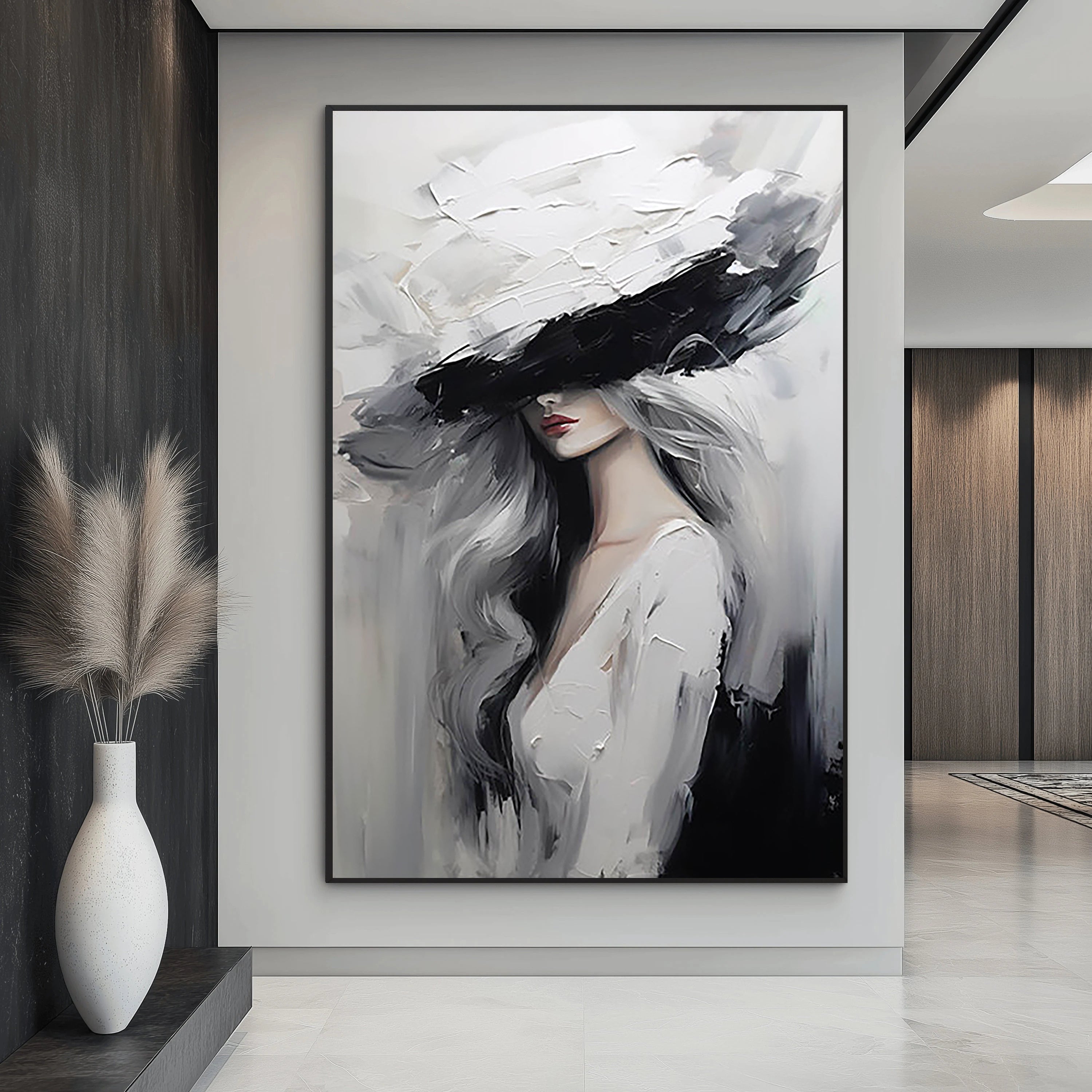 Modern Chic – Palette Knife Portrait Painting | Stylish Lady in Hat Abstract Bedroom Oil Art