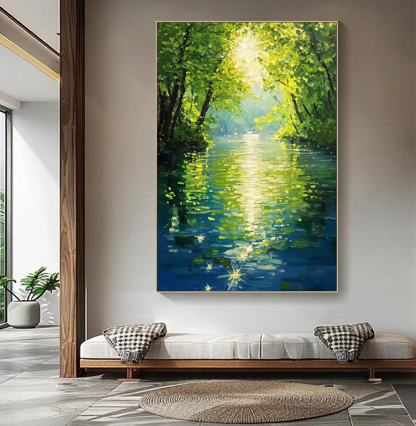 VERDANT FLOW: Landscape Wall Art, Hand-Painted Impressionist Forest River Scenery Textured Oil Painting