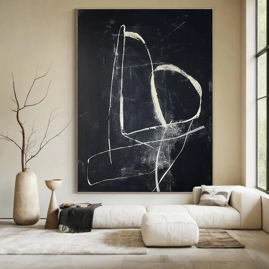 DARK LINEAGE: Minimalist Wall Art, Hand-Painted Black and White Abstract Line 3D Textured Studio Art