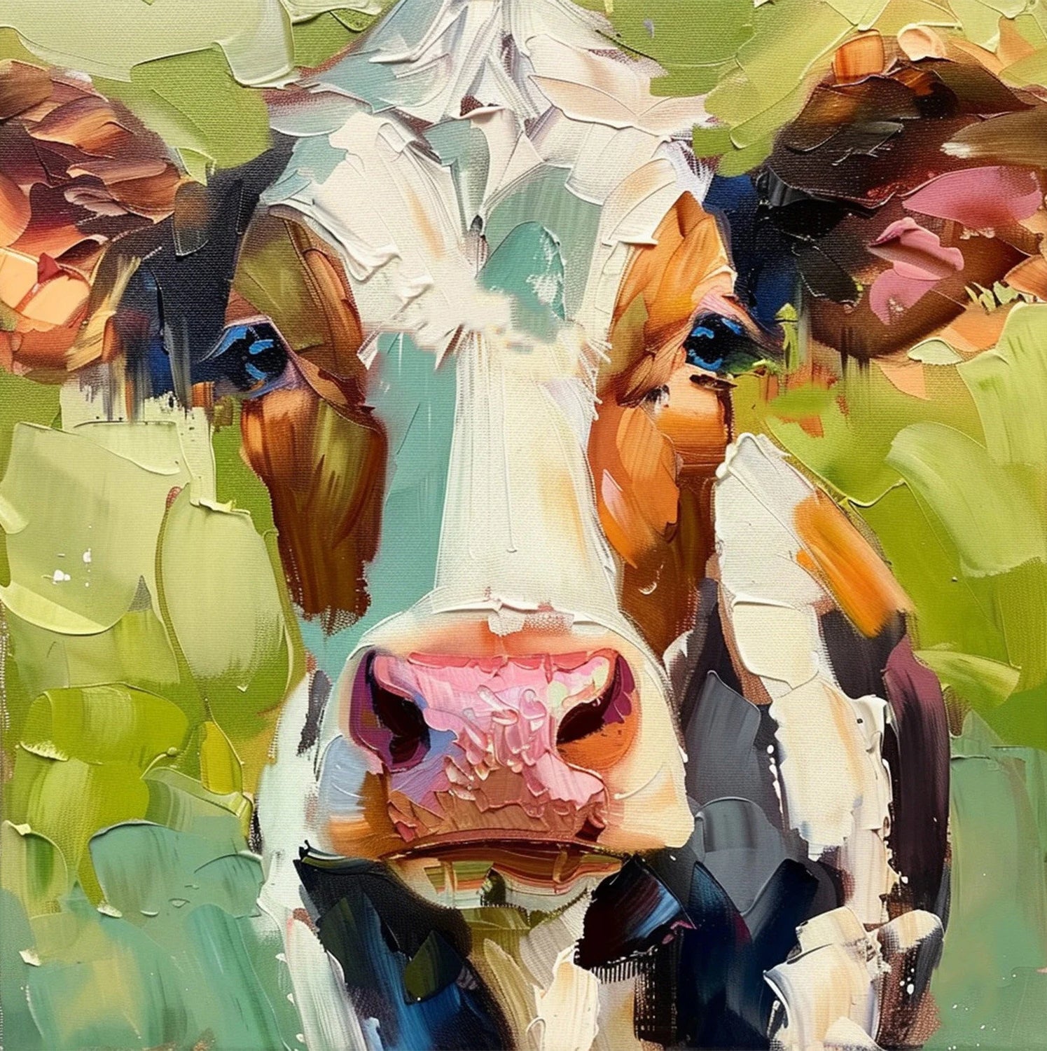 Barnyard Serenade – Modern Heavy Impasto Cow Portrait Painting | Rustic Farmhouse Living Room Art
