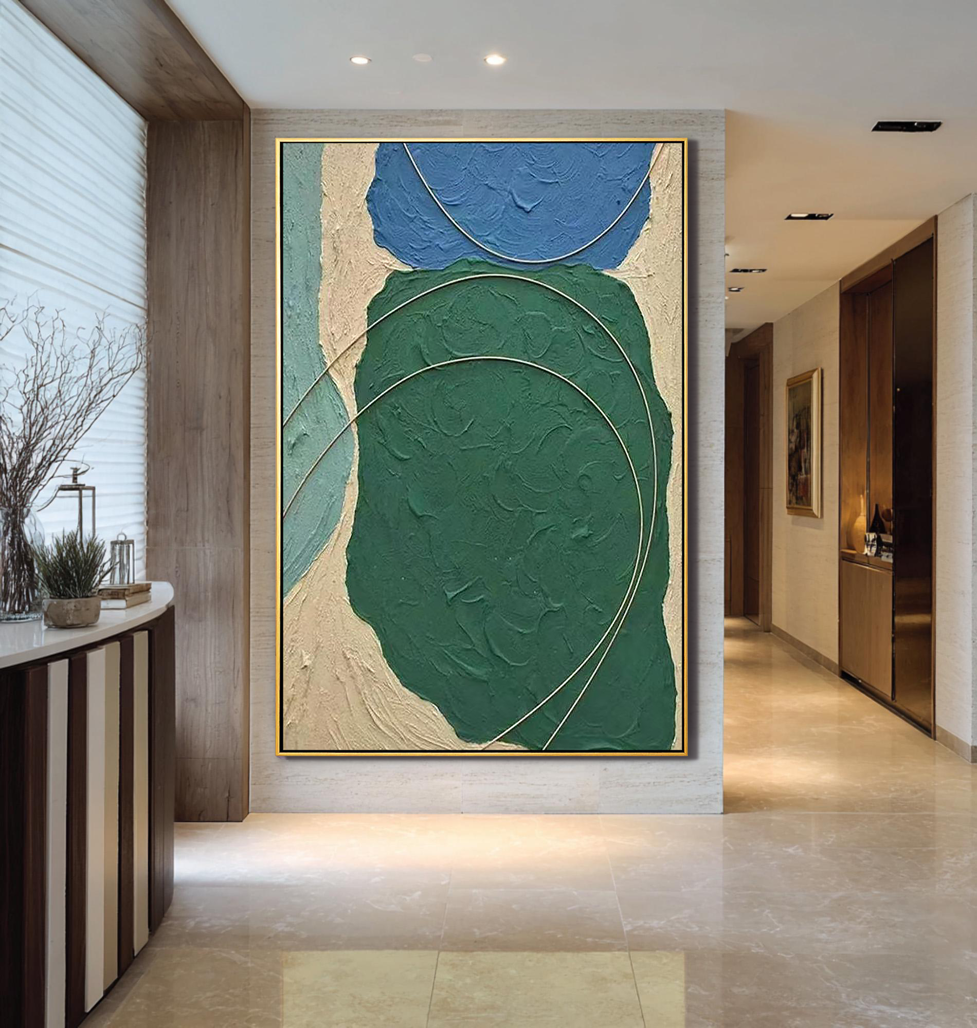 Emerald Vein – Hand-Painted Deep Green Plaster Effect Gold Line Relief Texture Painting | Modern Luxury Metallic Living Room & Hotel Art