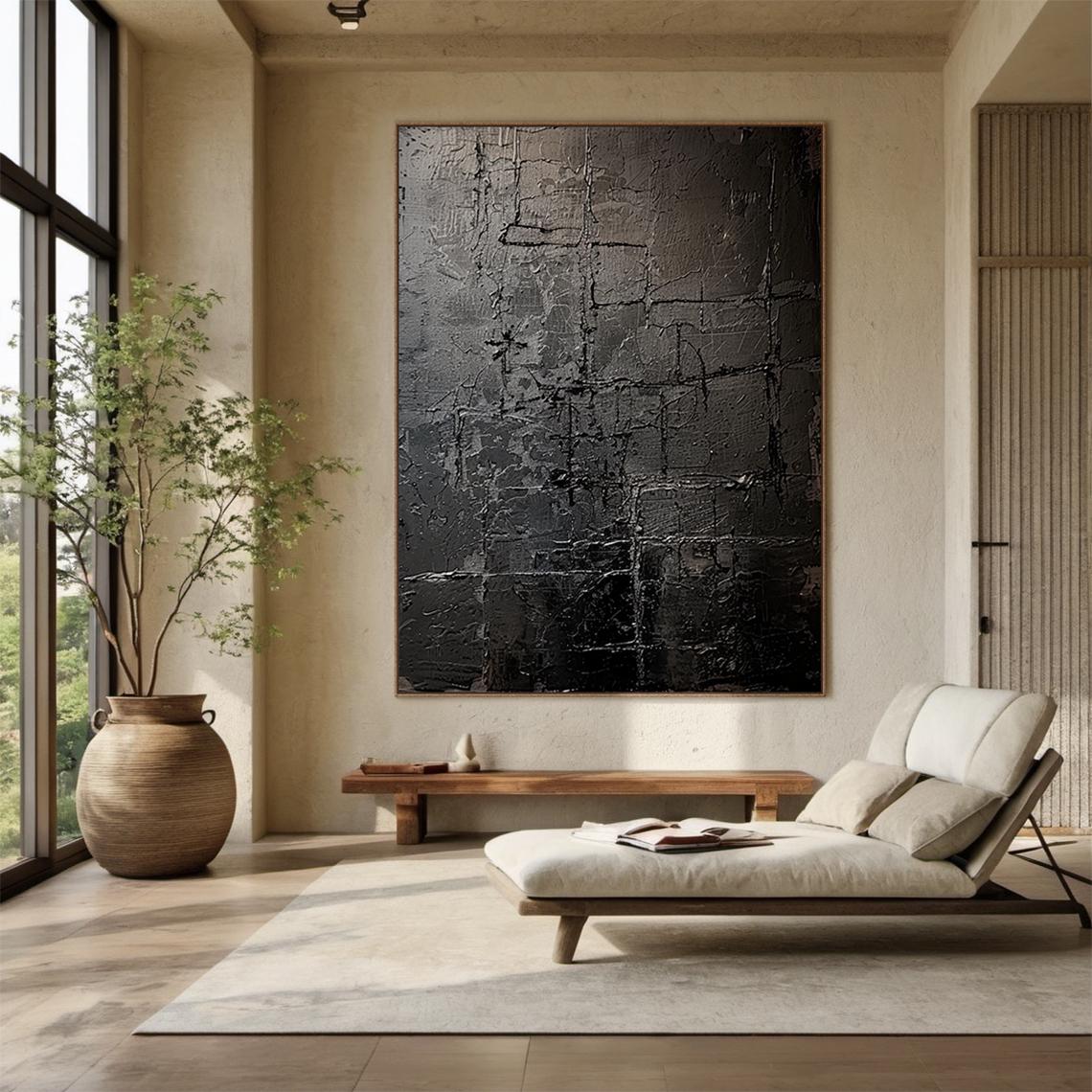 Charcoal Vestige – Hand-Painted Distressed Black Plaster Relief Wabi-Sabi Painting | Modern Noir Wabi-Sabi Living Room & Home Office Art