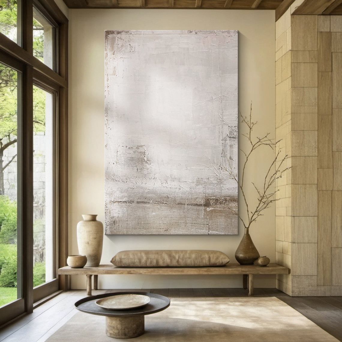 Ancient Vestige – Hand-Painted Distressed Grey and White Plaster Effect Wabi-Sabi Painting | Japandi Wabi-Sabi Living Room & Bedroom Art