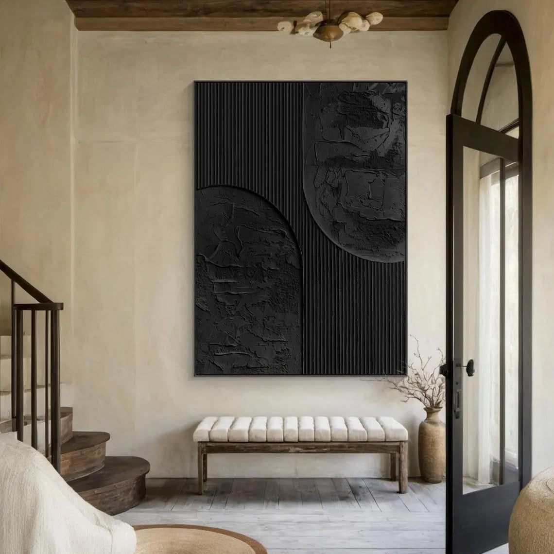 Midnight Silence – Hand-Painted Pure Black Plaster Effect Geometric Relief Wabi-Sabi Painting | Japandi Wabi-Sabi Living Room & Bedroom Art