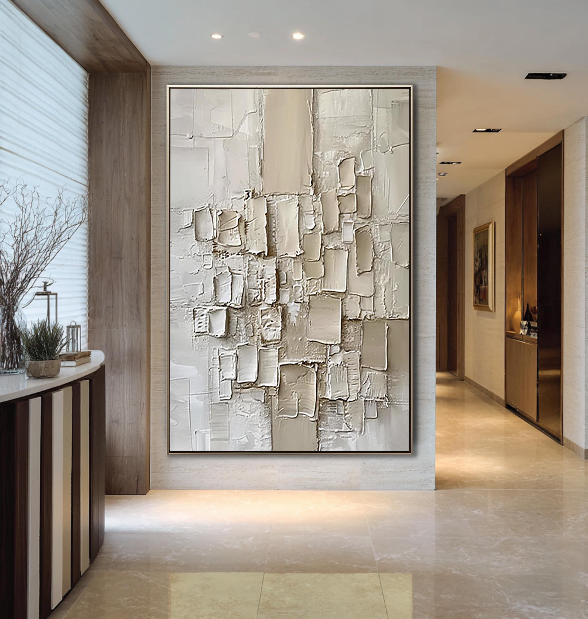 CREAMY MOSAIC: Texture Wall Art, Hand-Painted Minimalist Off-White Geometric Block Plaster Relief Heavy Texture Canvas Painting