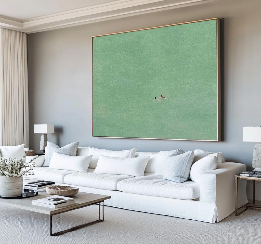 Mint Summer – Modern Minimalist Swimmers in Mint Green Canvas Art | Panoramic Landscape Living Room Art